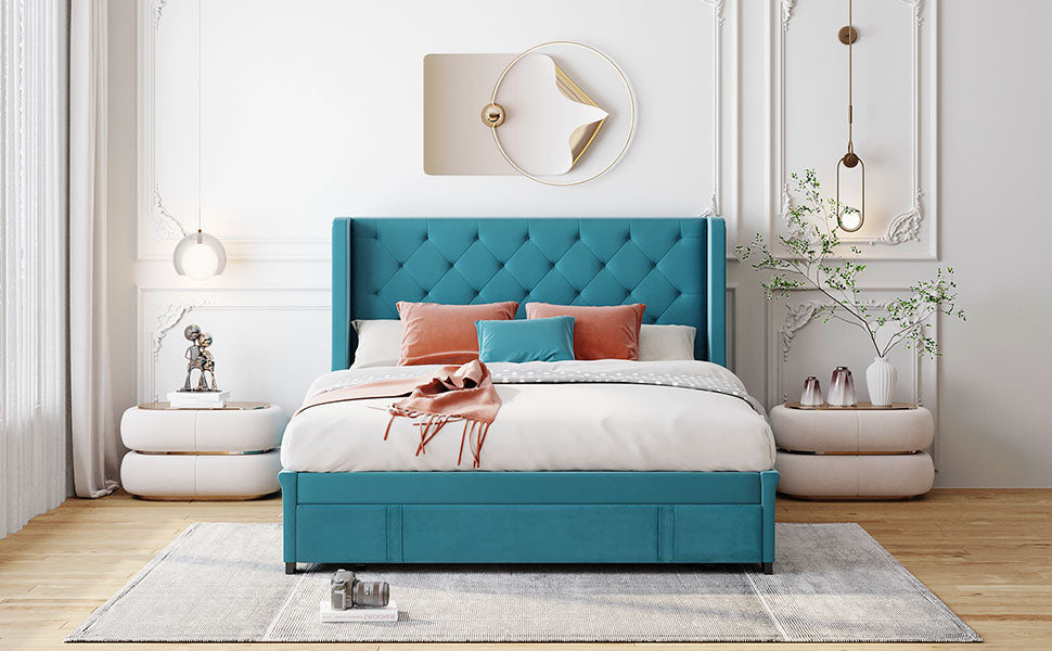 Queen Size Storage Bed Velvet Upholstered Platform Bed With Wingback Headboard And A Big Drawer Blue Blue Upholstered