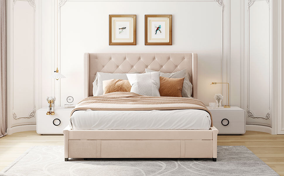 Queen Size Storage Bed Velvet Upholstered Platform Bed With Wingback Headboard And A Big Drawer Beige Beige Upholstered