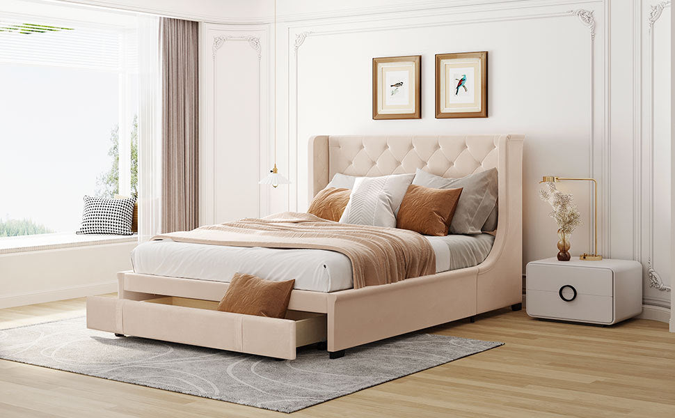 Queen Size Storage Bed Velvet Upholstered Platform Bed With Wingback Headboard And A Big Drawer Beige Beige Upholstered