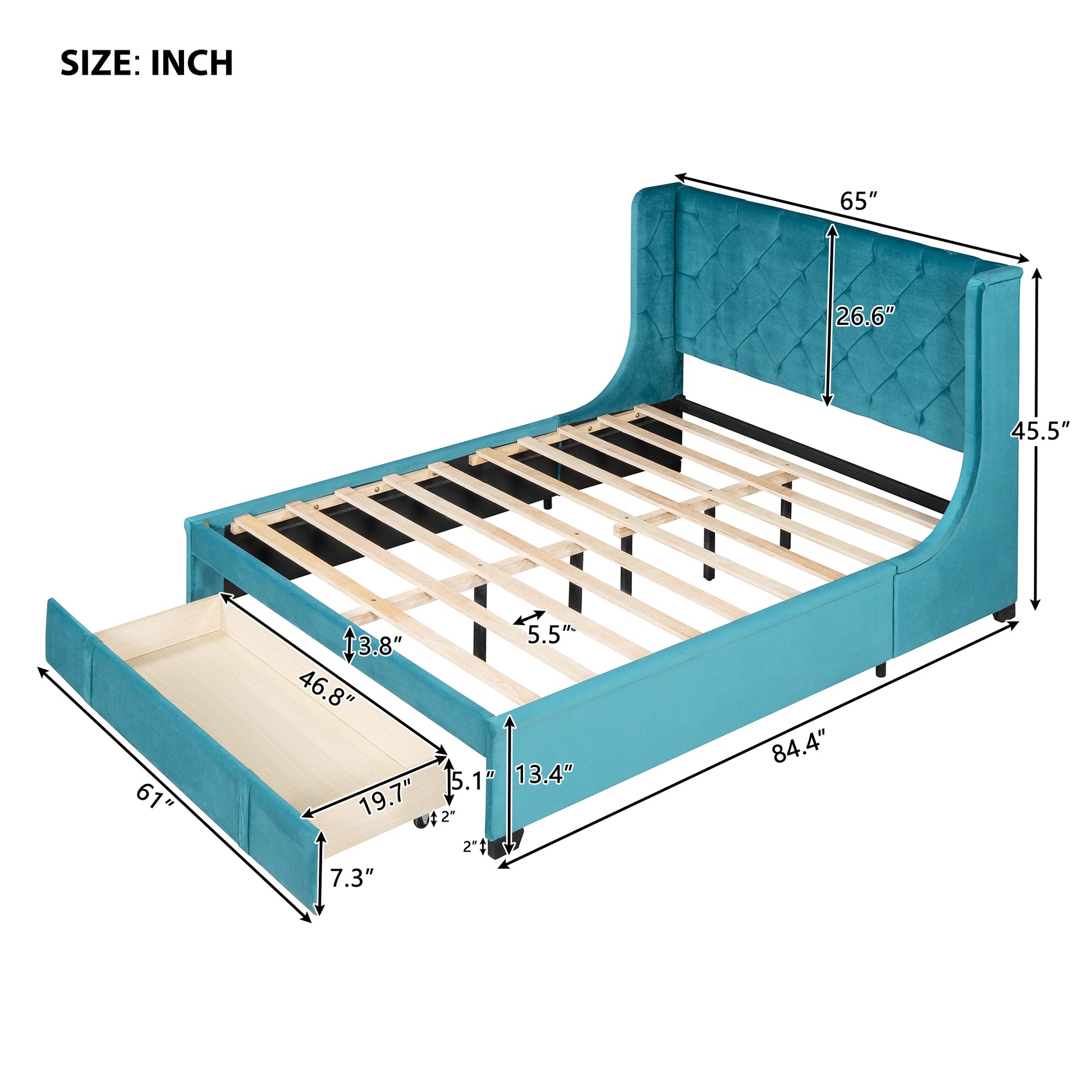 Queen Size Storage Bed Velvet Upholstered Platform Bed With Wingback Headboard And A Big Drawer Blue Blue Upholstered