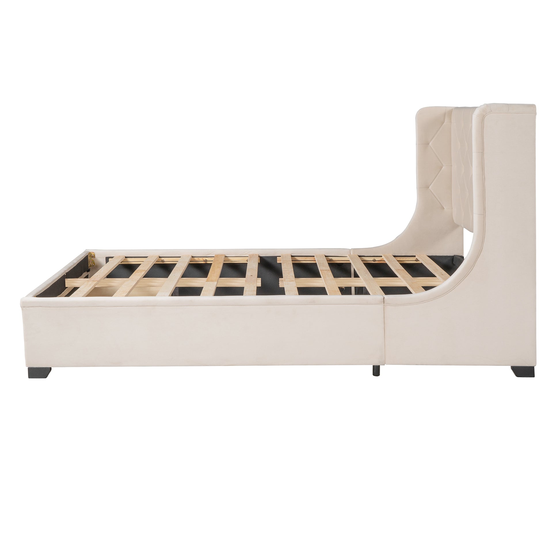 Queen Size Storage Bed Velvet Upholstered Platform Bed With Wingback Headboard And A Big Drawer Beige Beige Upholstered