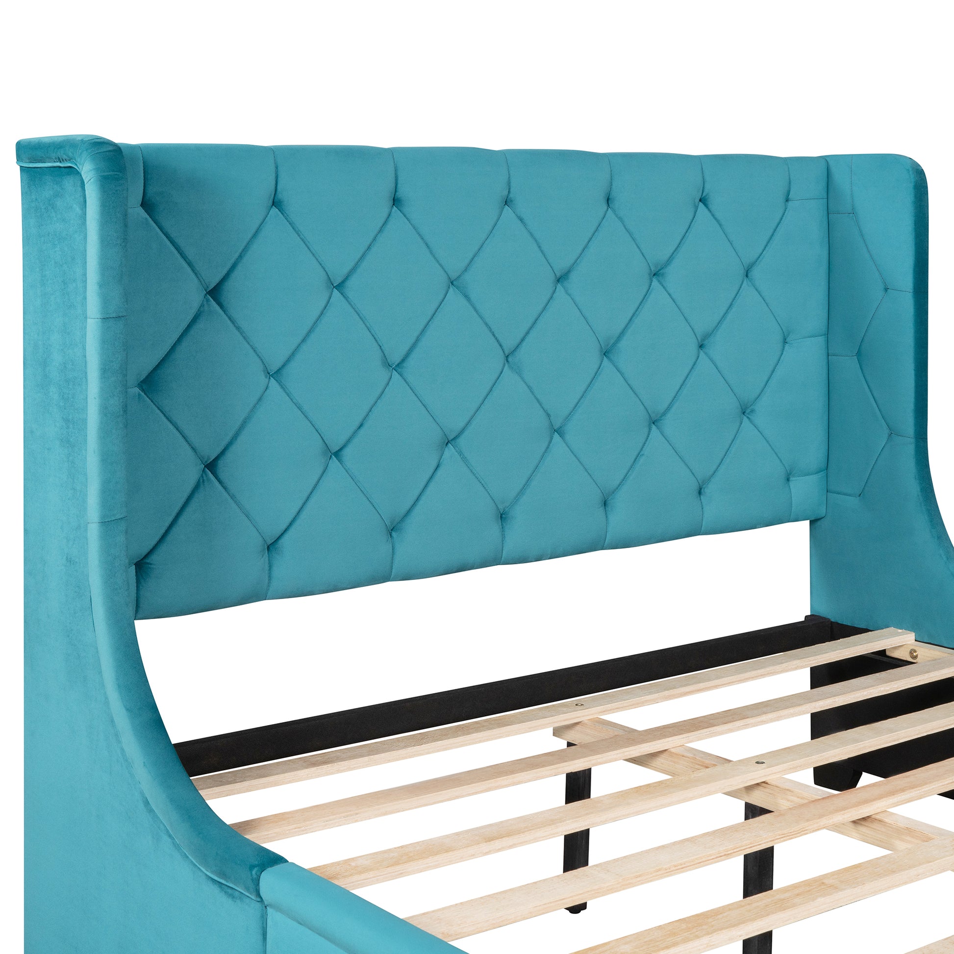 Queen Size Storage Bed Velvet Upholstered Platform Bed With Wingback Headboard And A Big Drawer Blue Blue Upholstered