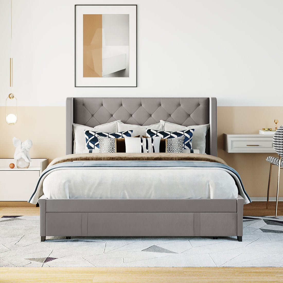 Queen Size Storage Bed Velvet Upholstered Platform Bed With Wingback Headboard And A Big Drawer Gray Gray Upholstered