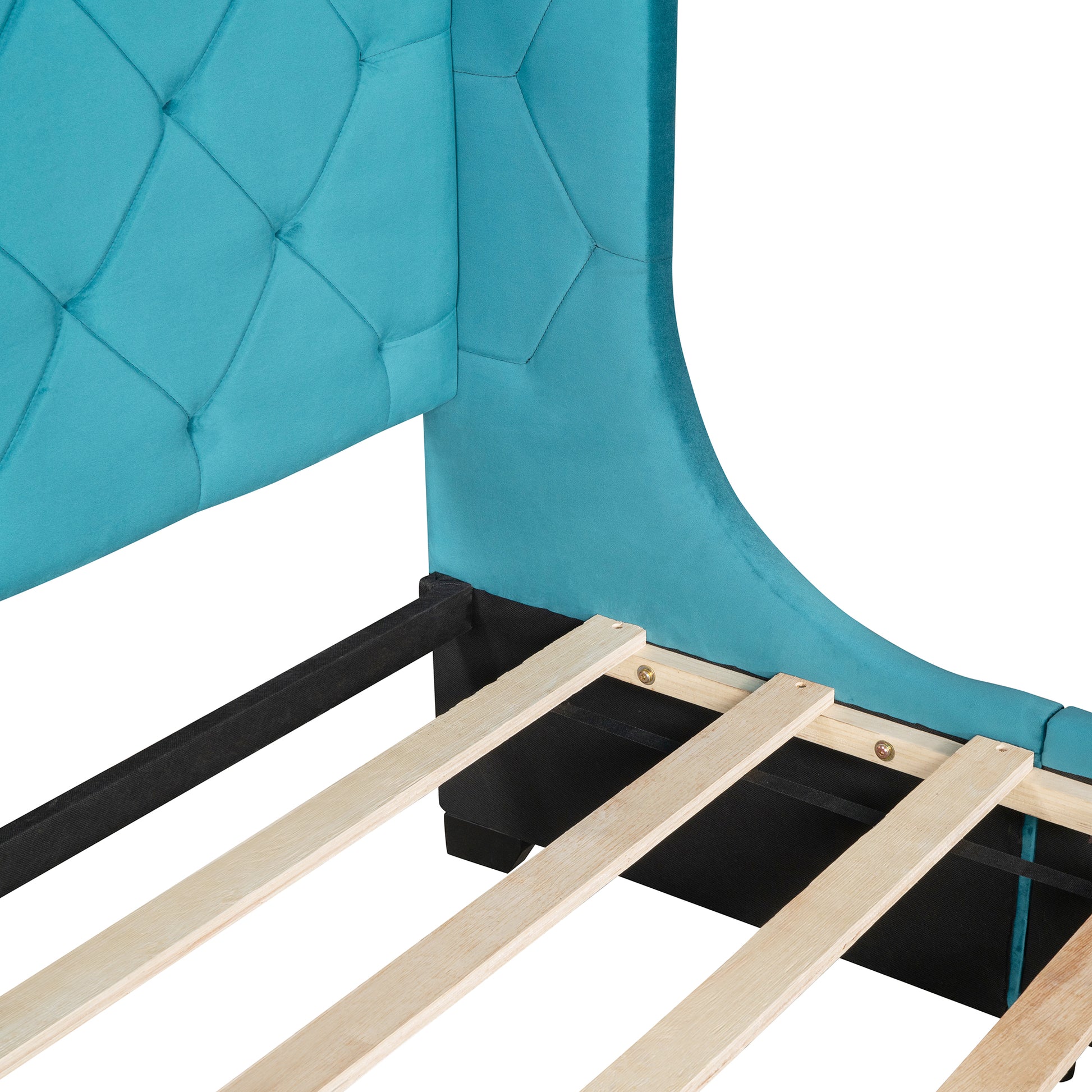 Queen Size Storage Bed Velvet Upholstered Platform Bed With Wingback Headboard And A Big Drawer Blue Blue Upholstered