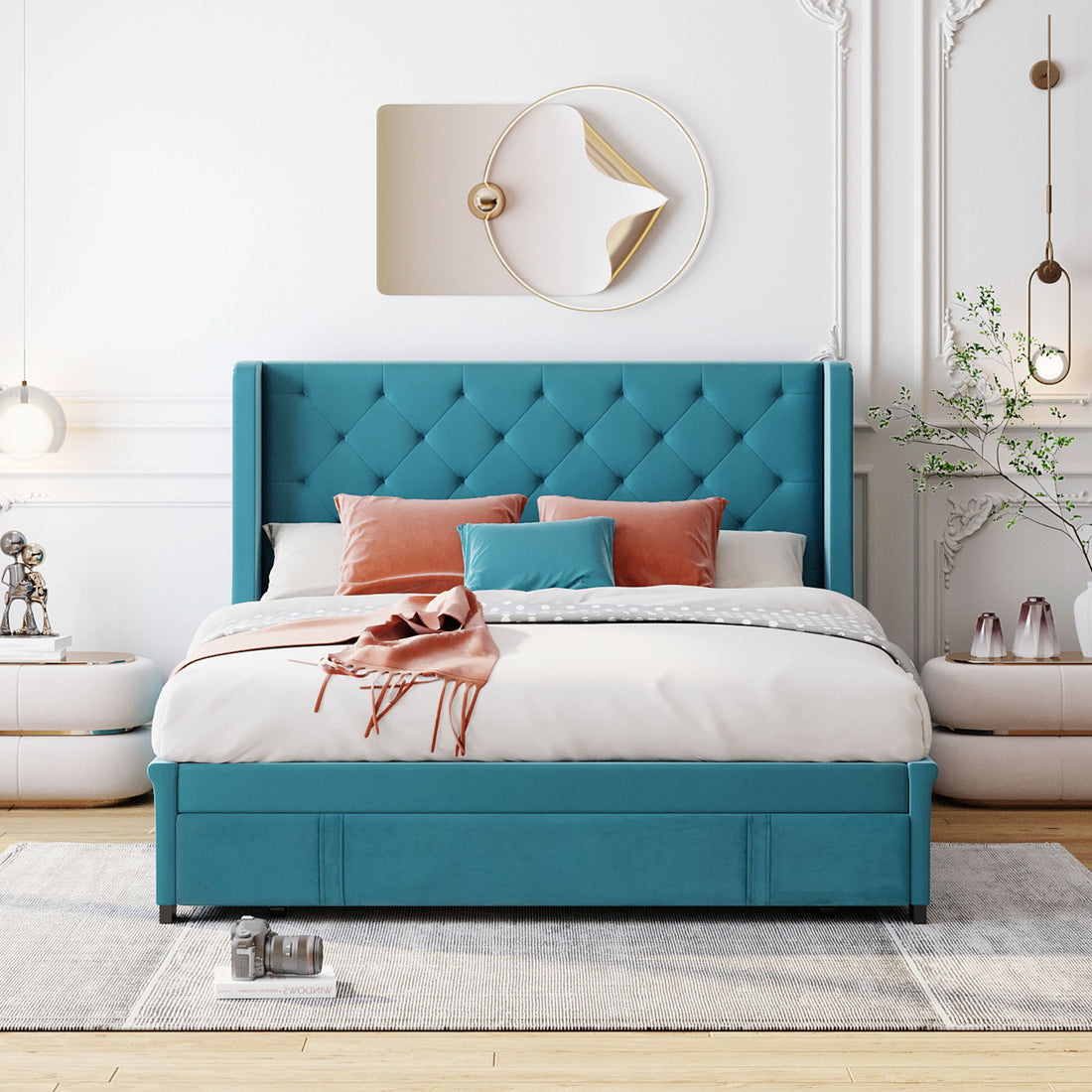 Queen Size Storage Bed Velvet Upholstered Platform Bed With Wingback Headboard And A Big Drawer Blue Blue Upholstered