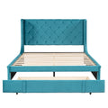 Queen Size Storage Bed Velvet Upholstered Platform Bed With Wingback Headboard And A Big Drawer Blue Blue Upholstered