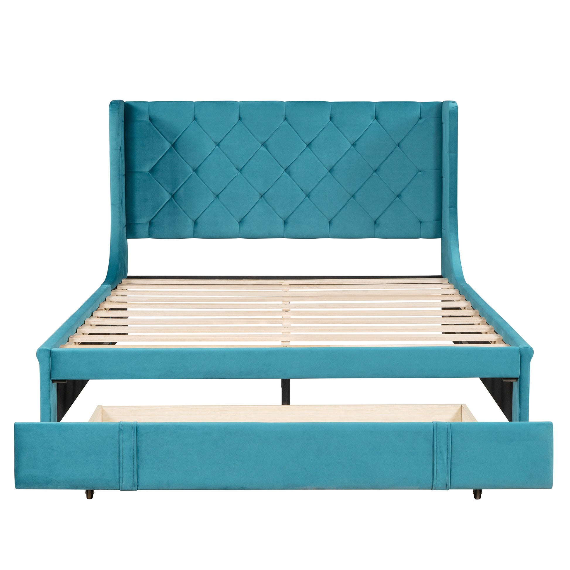 Queen Size Storage Bed Velvet Upholstered Platform Bed With Wingback Headboard And A Big Drawer Blue Blue Upholstered