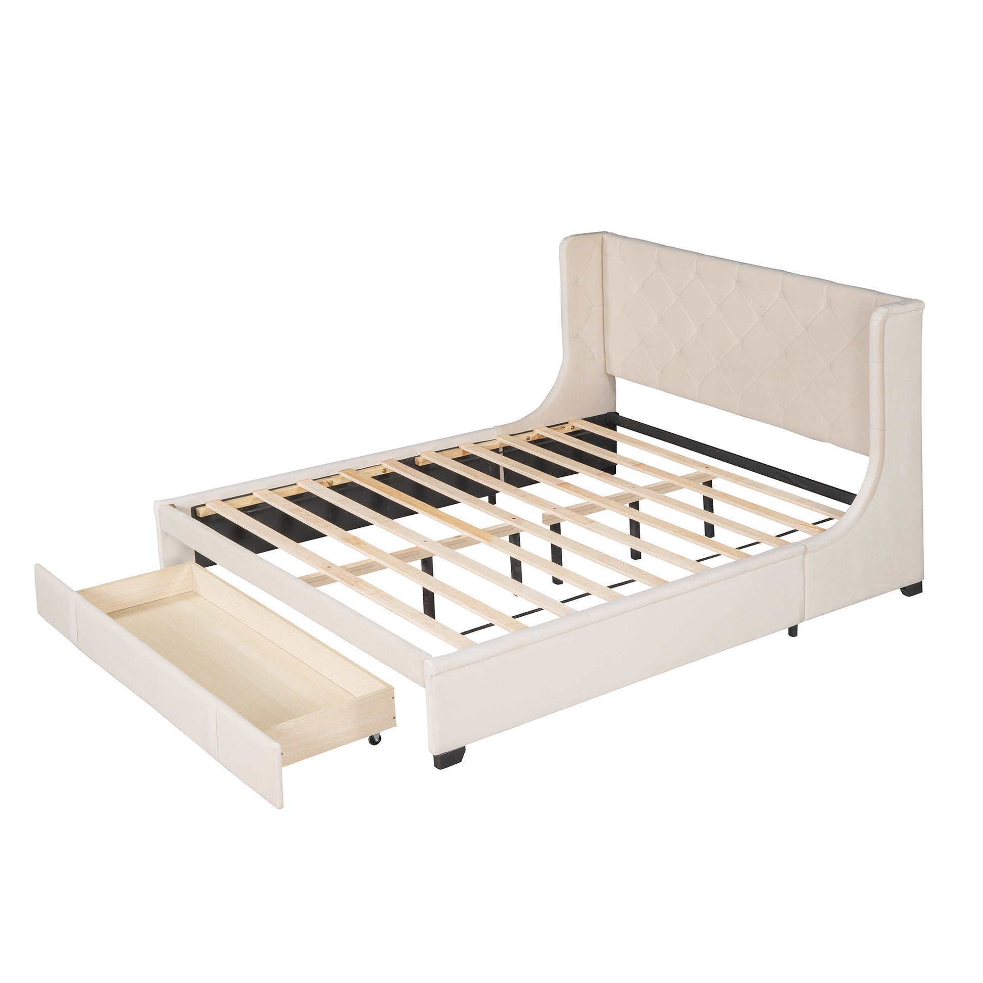 Queen Size Storage Bed Velvet Upholstered Platform Bed With Wingback Headboard And A Big Drawer Beige Beige Upholstered