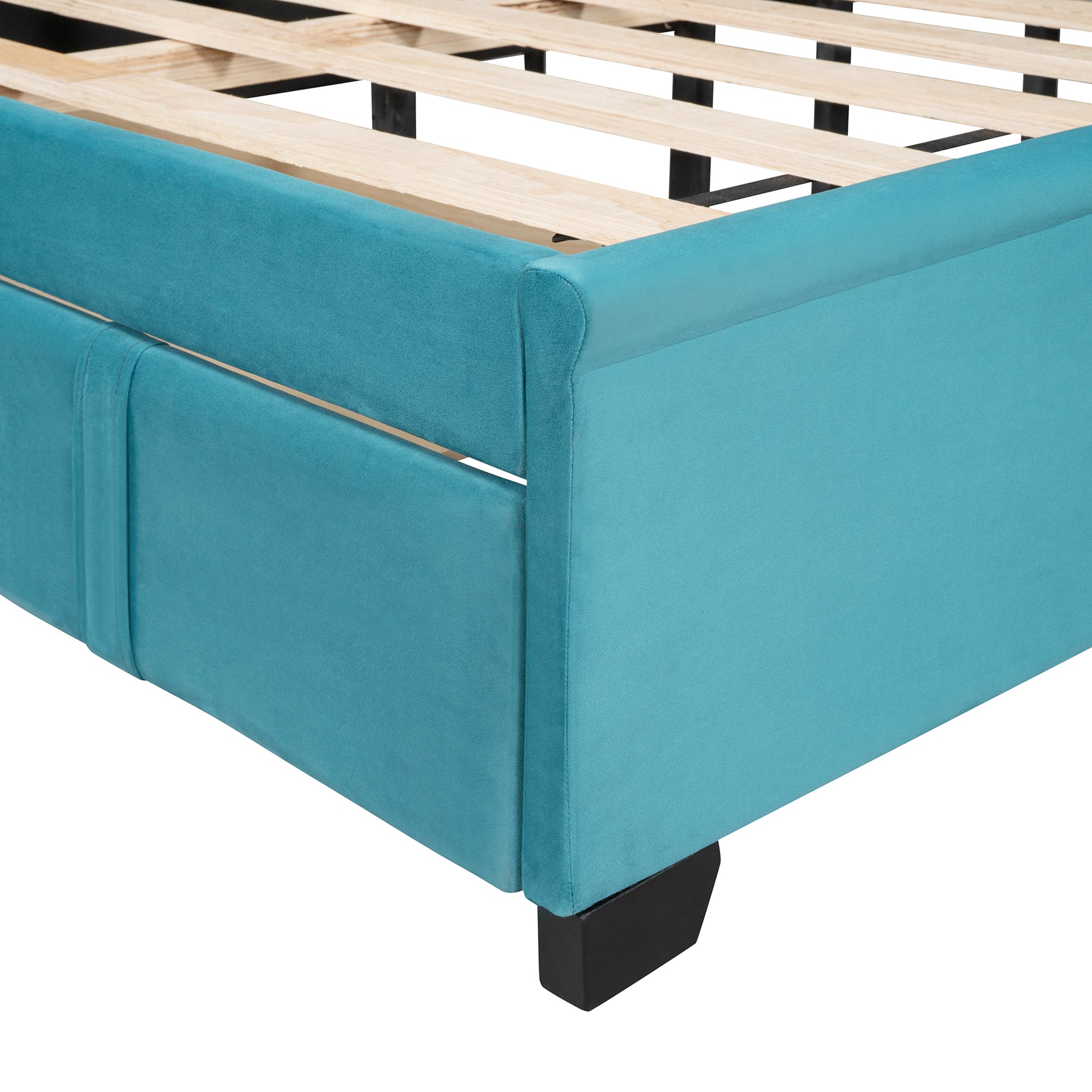 Queen Size Storage Bed Velvet Upholstered Platform Bed With Wingback Headboard And A Big Drawer Blue Blue Upholstered