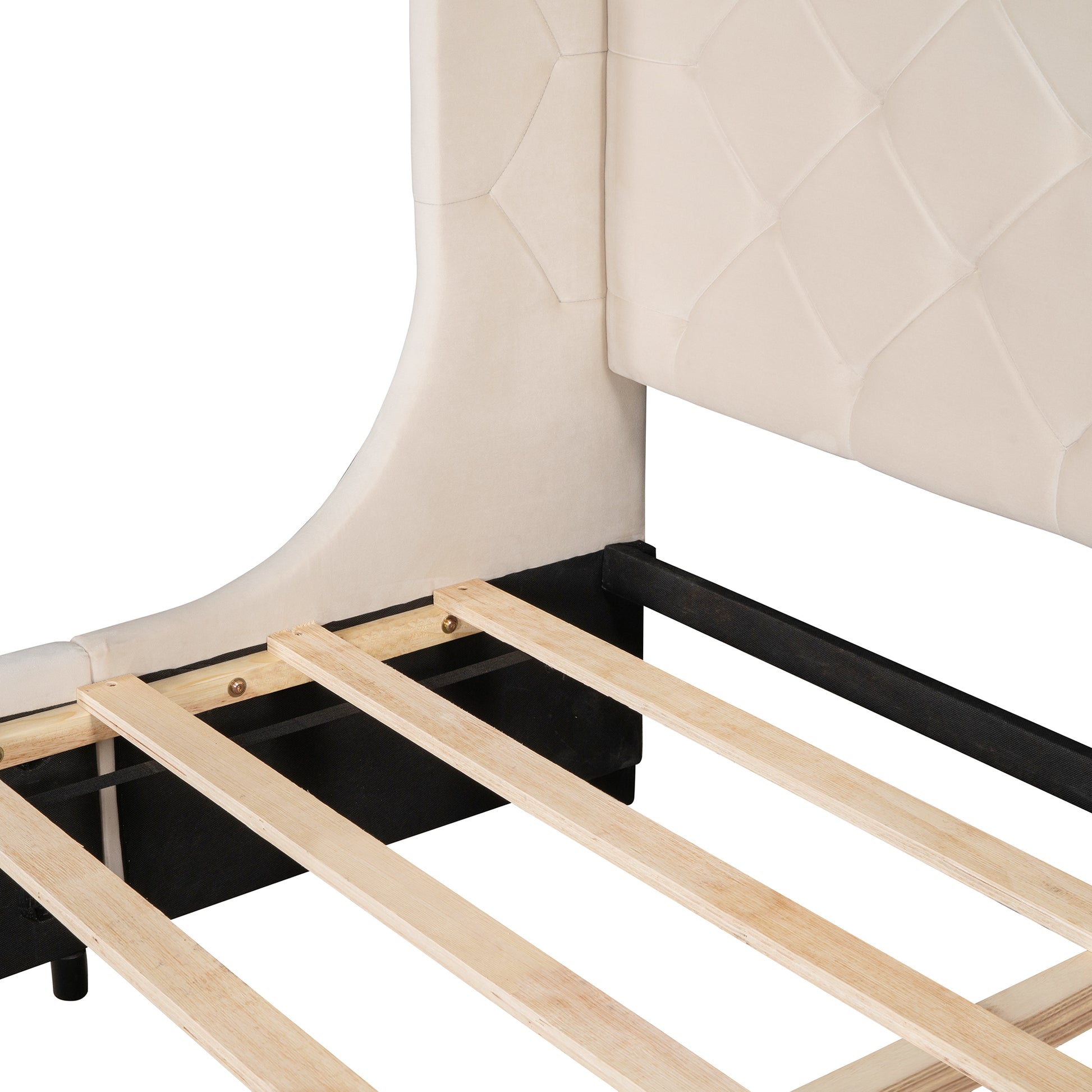Queen Size Storage Bed Velvet Upholstered Platform Bed With Wingback Headboard And A Big Drawer Beige Beige Upholstered