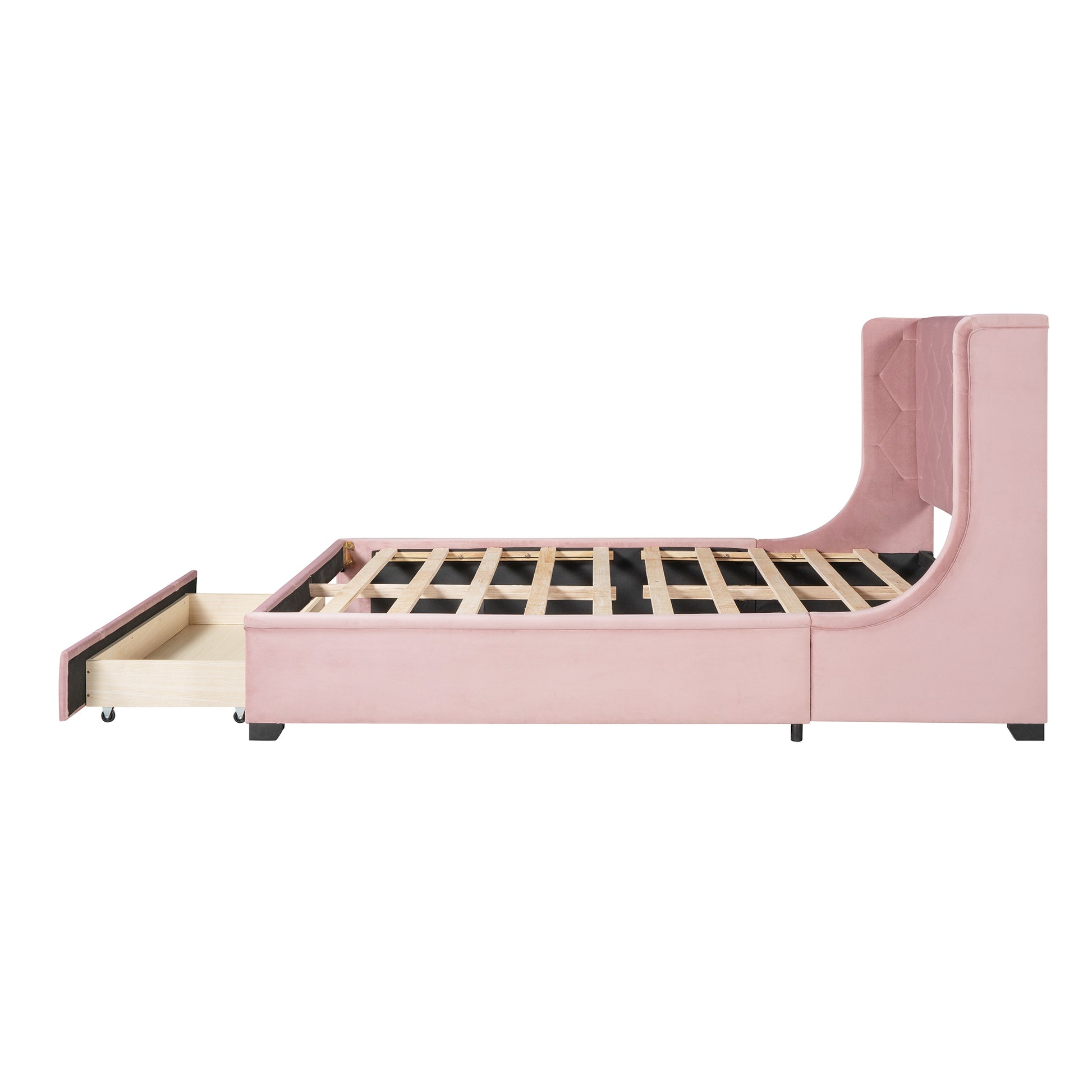 Queen Size Storage Bed Velvet Upholstered Platform Bed With Wingback Headboard And A Big Drawer Pink Pink Upholstered