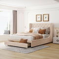 Queen Size Storage Bed Velvet Upholstered Platform Bed With Wingback Headboard And A Big Drawer Beige Beige Upholstered