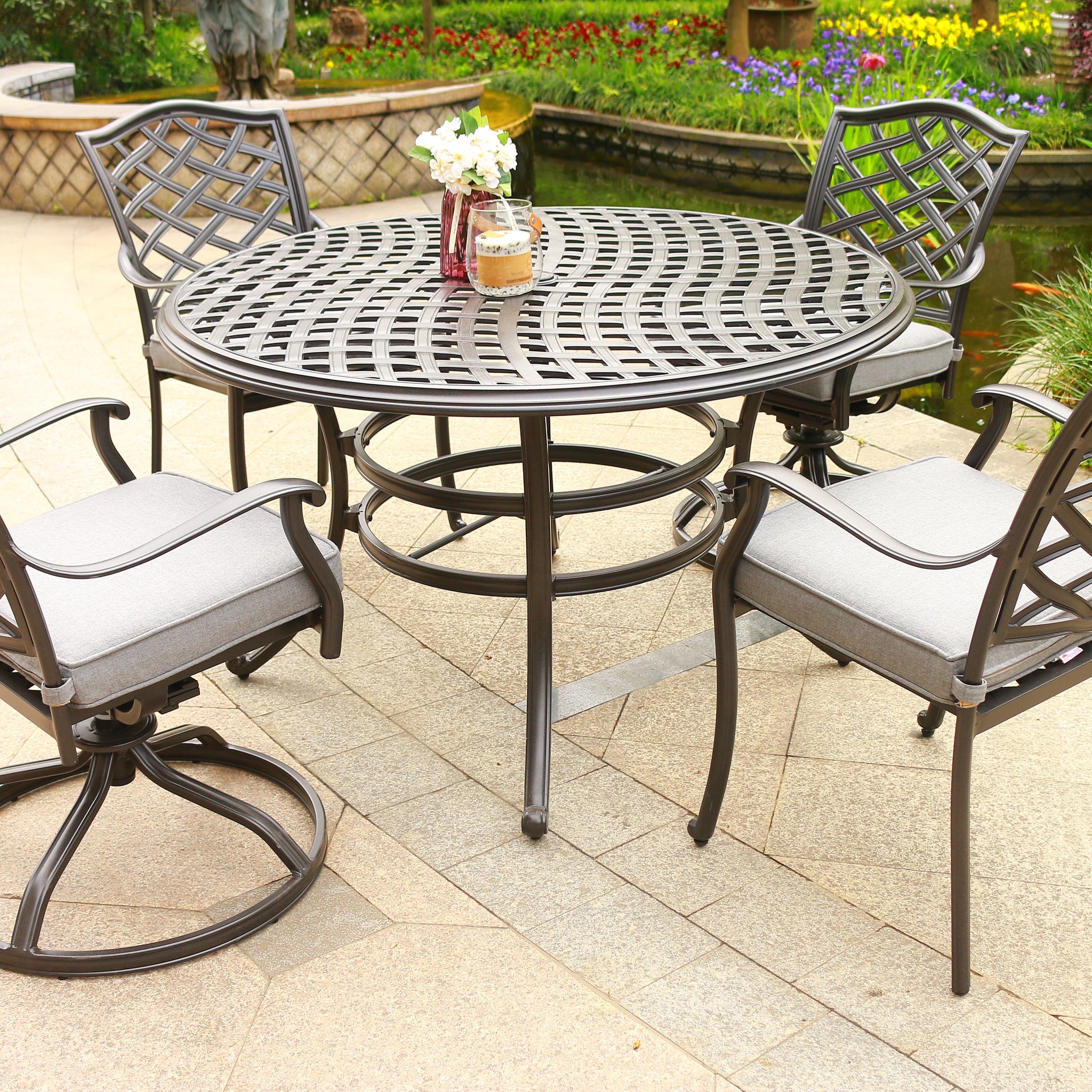 Round 4 Person 49" Long Aluminum Dining Set With Sunbrella Cushions Brown Grey Polyester Aluminum