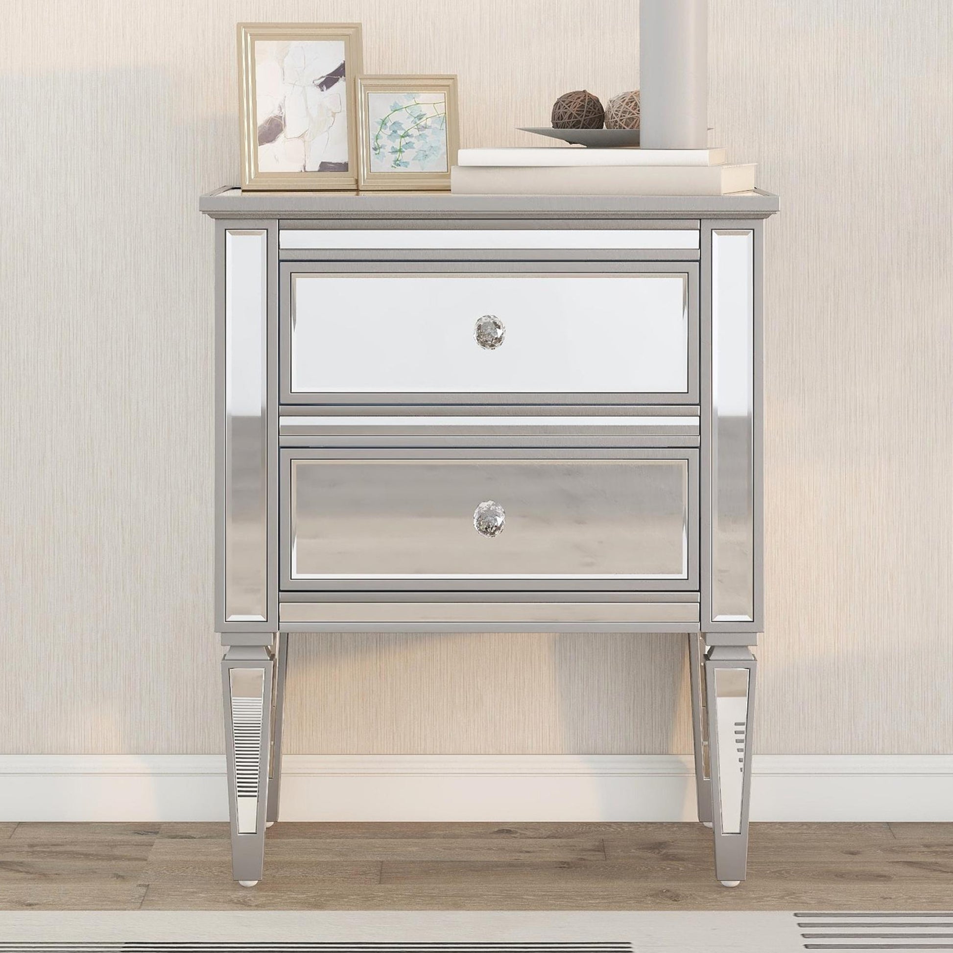 Elegant Mirrored Side Table With 2 Drawers, Modern Silver Finished For Living Room, Hallway, Entryway Old Sku:Wf302312Aan Silver Glass