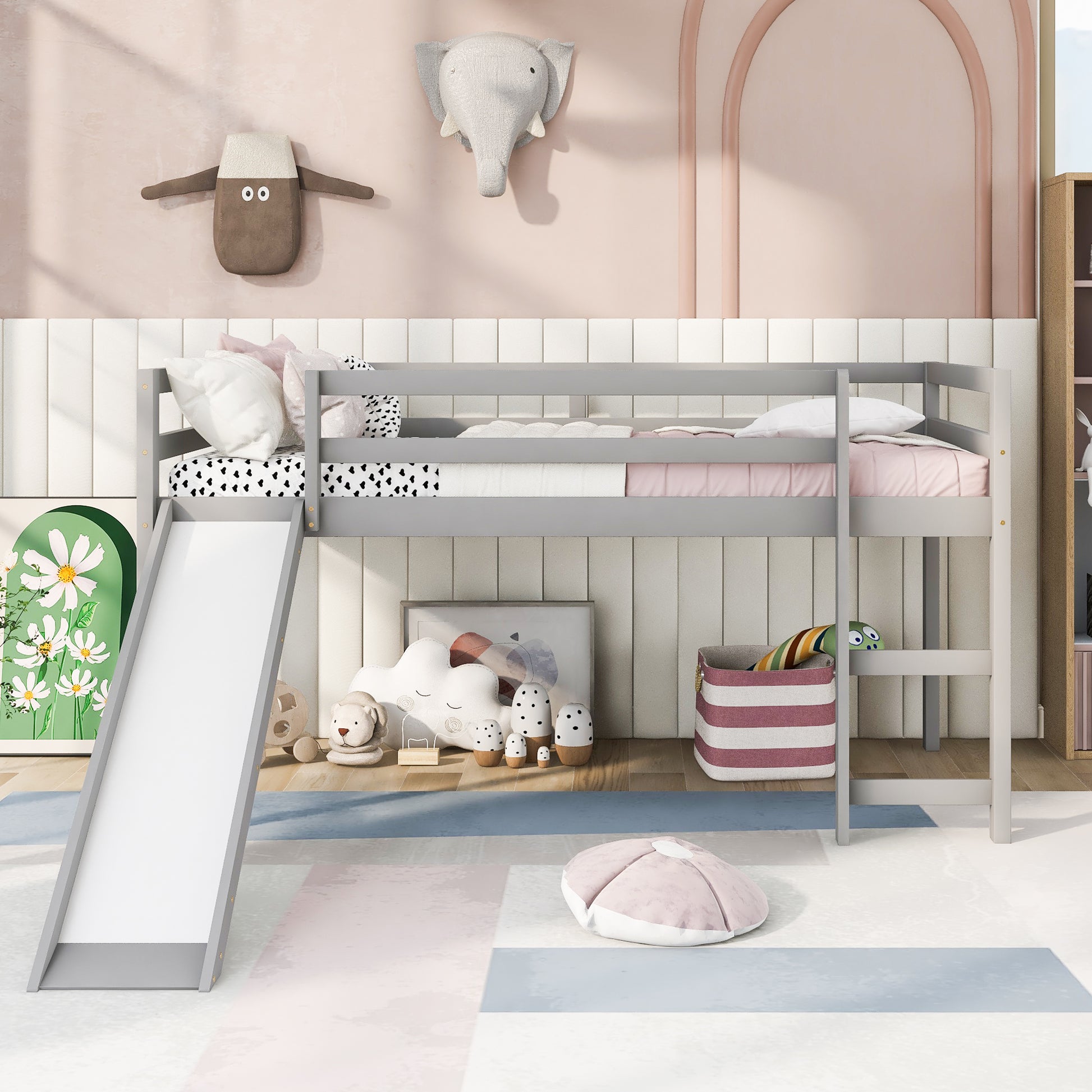 Loft Bed With Slide, Multifunctional Design, Twin Gray Old Sku: Wf191904Aae Gray Solid Wood