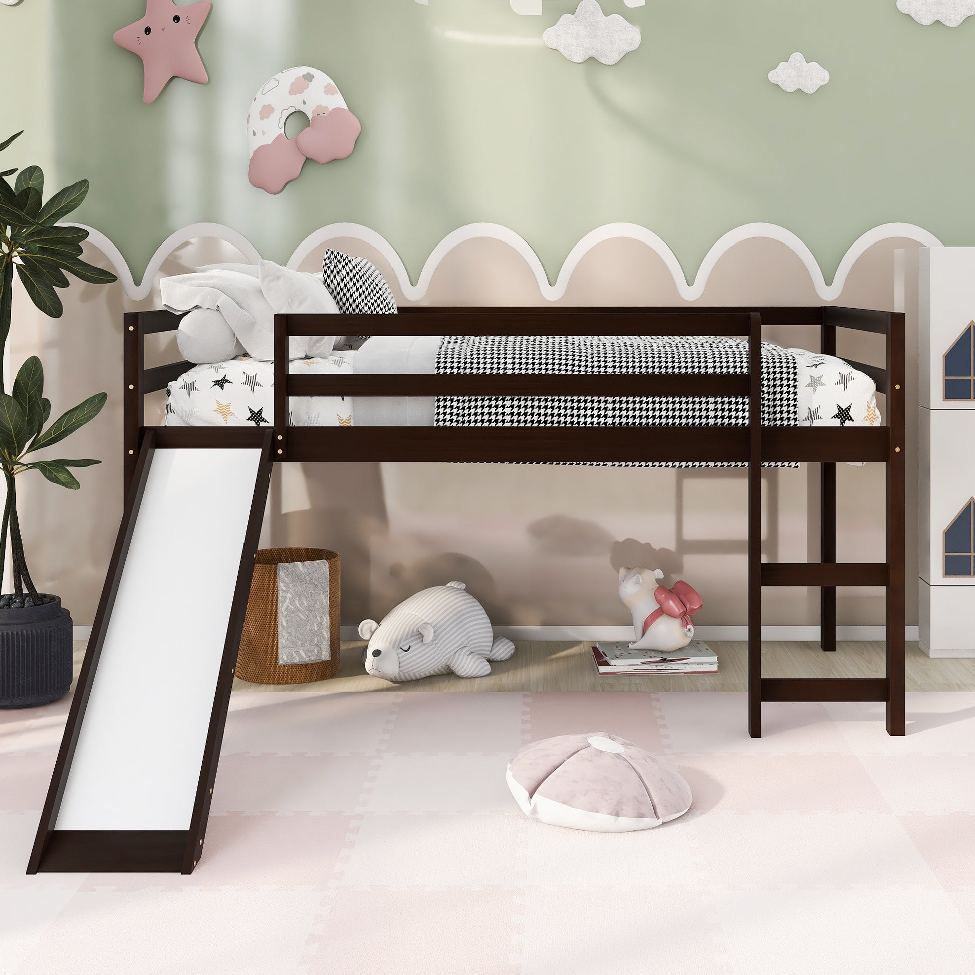 Loft Bed With Slide, Multifunctional Design, Twin Espresso Old Sku: Wf191904Aap Espresso Solid Wood