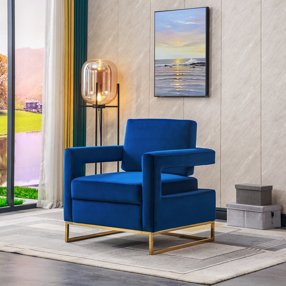 Modern Velvet Accent Chair, Elegant Armchair With Stainless Steel Base Blue Velvet
