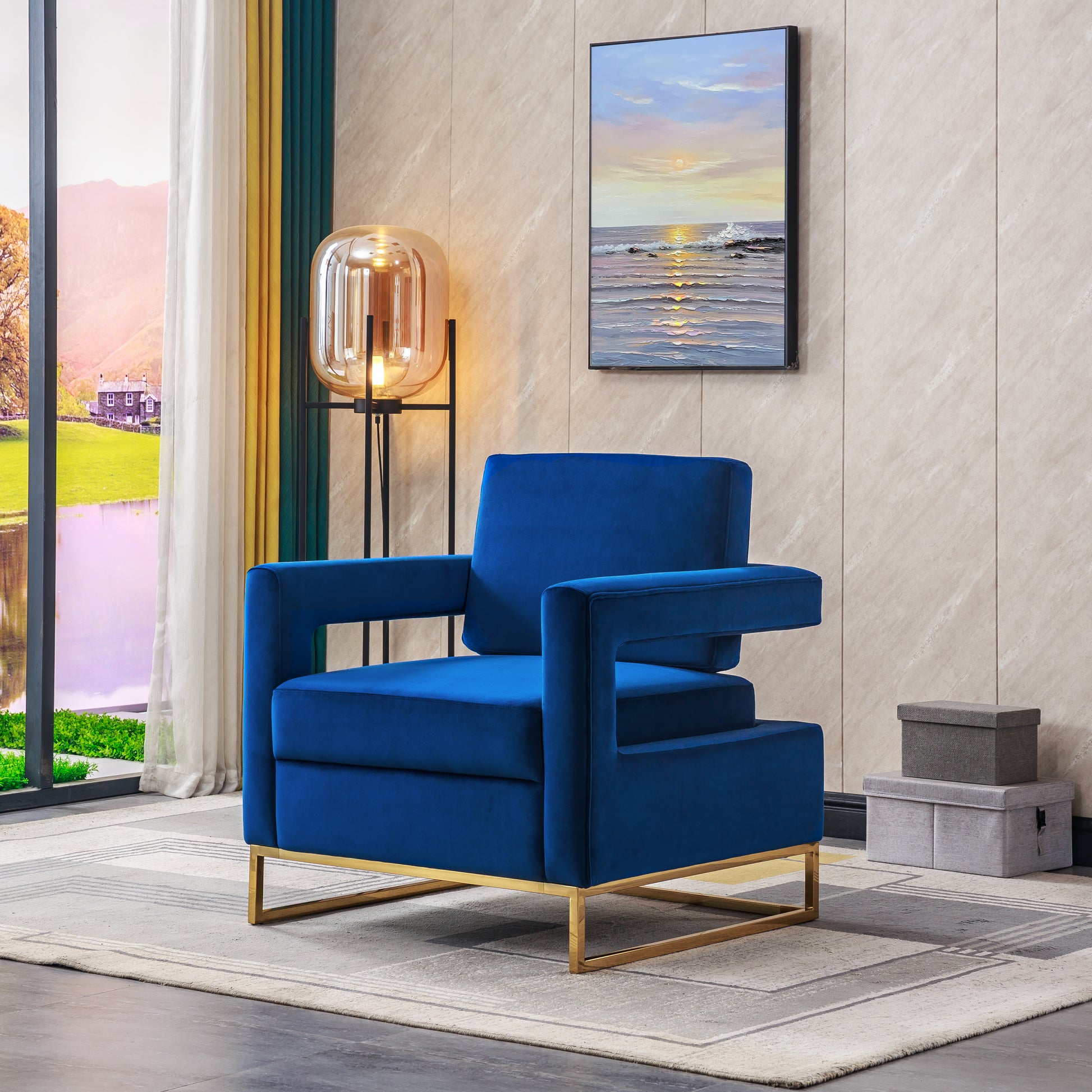 Modern Velvet Accent Chair, Elegant Armchair With Stainless Steel Base Blue Velvet