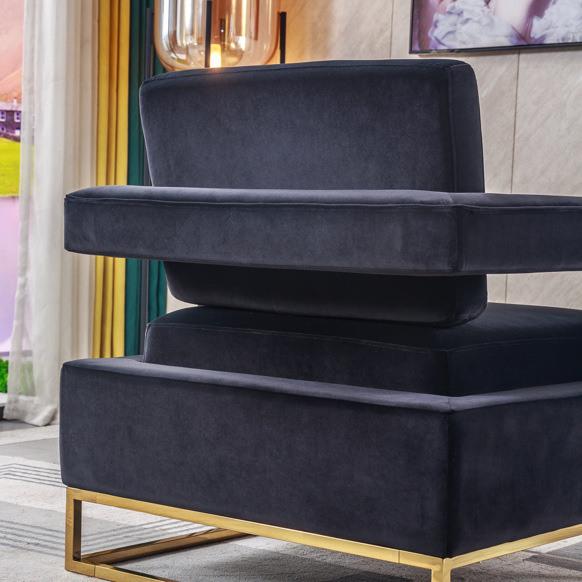 Modern Velvet Accent Chair, Elegant Armchair With Stainless Steel Base Black Velvet