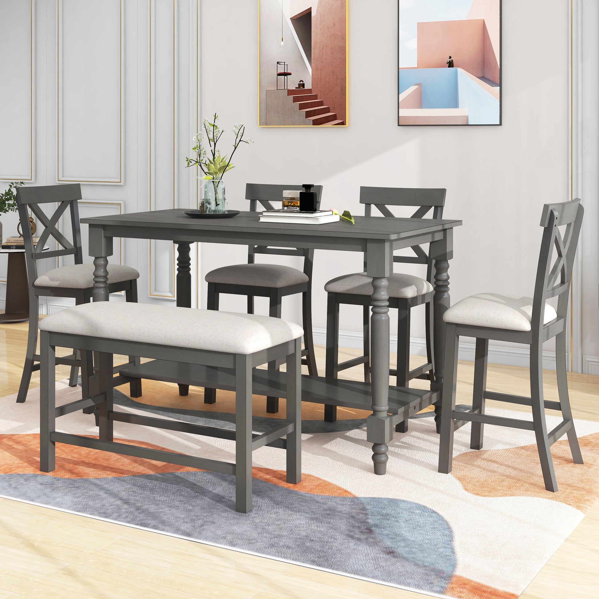 6 Piece Counter Height Dining Table Set Table With Shelf 4 Chairs And Bench For Dining Room Gray Gray Solid Wood