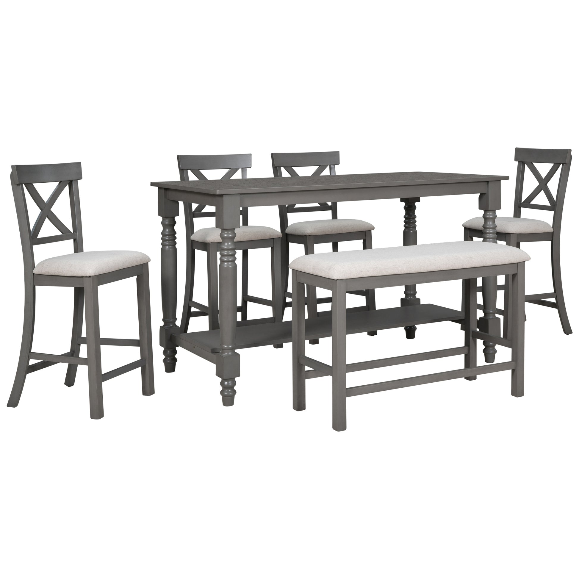 6 Piece Counter Height Dining Table Set Table With Shelf 4 Chairs And Bench For Dining Room Gray Gray Solid Wood