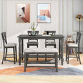 6 Piece Counter Height Dining Table Set Table With Shelf 4 Chairs And Bench For Dining Room Gray Gray Solid Wood