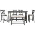 6 Piece Counter Height Dining Table Set Table With Shelf 4 Chairs And Bench For Dining Room Gray Gray Solid Wood
