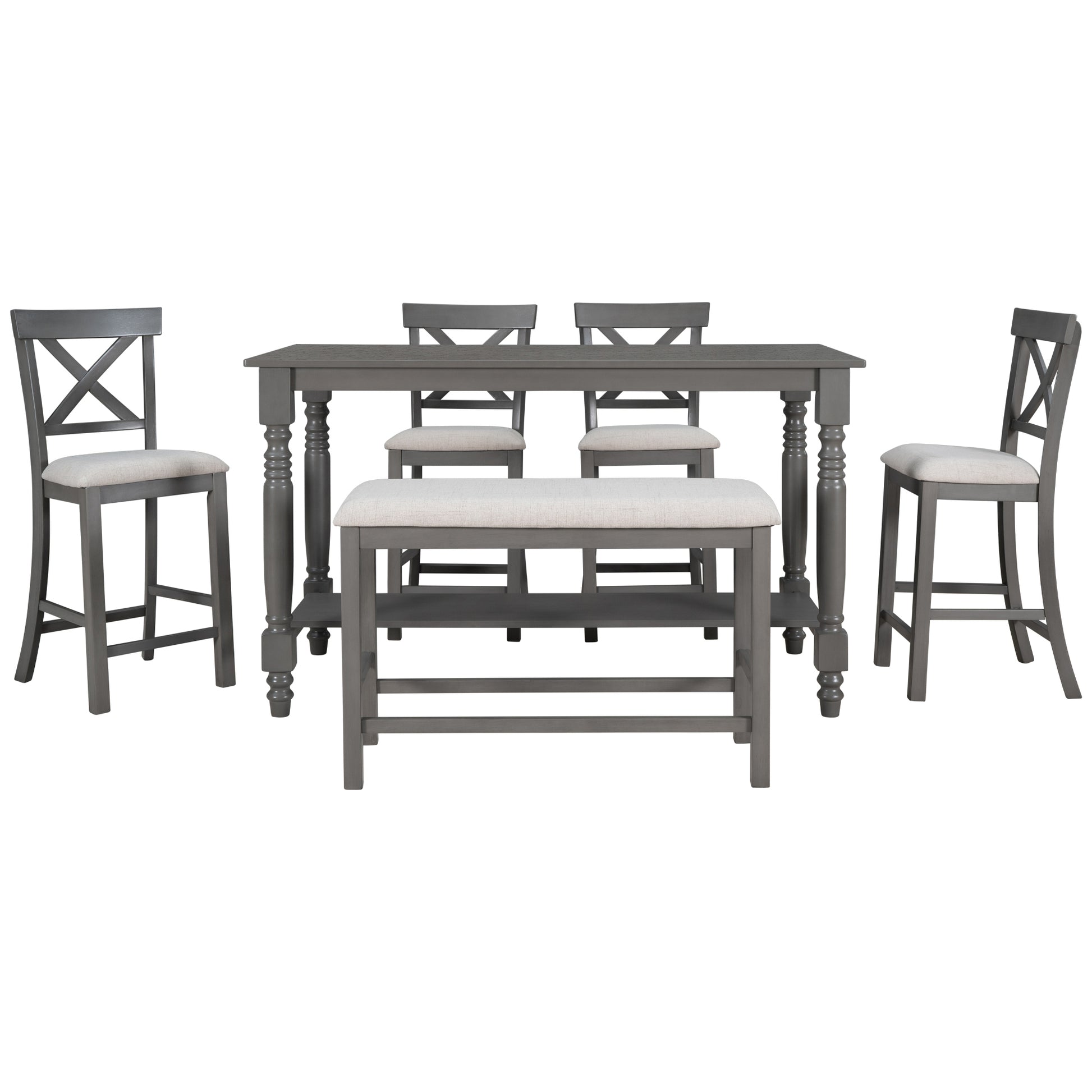 6 Piece Counter Height Dining Table Set Table With Shelf 4 Chairs And Bench For Dining Room Gray Gray Solid Wood