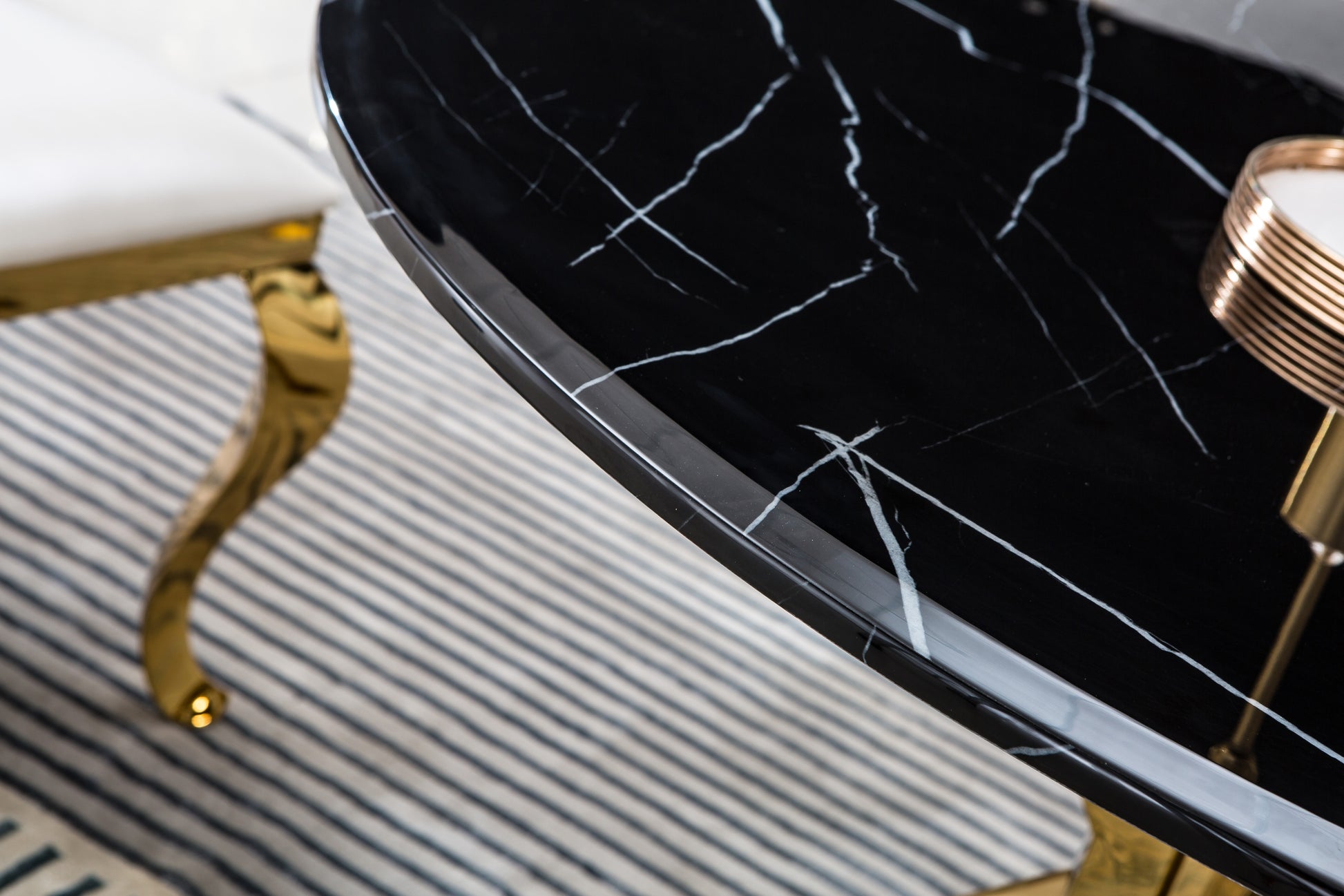 Modern Round Marble Table For Dining Room Kitchen, 1.02" Thick Marble Top, Gold Finish Stainless Steel Base, Size:47"Lx47"Dx30"H Not Including Chairs Black Marble