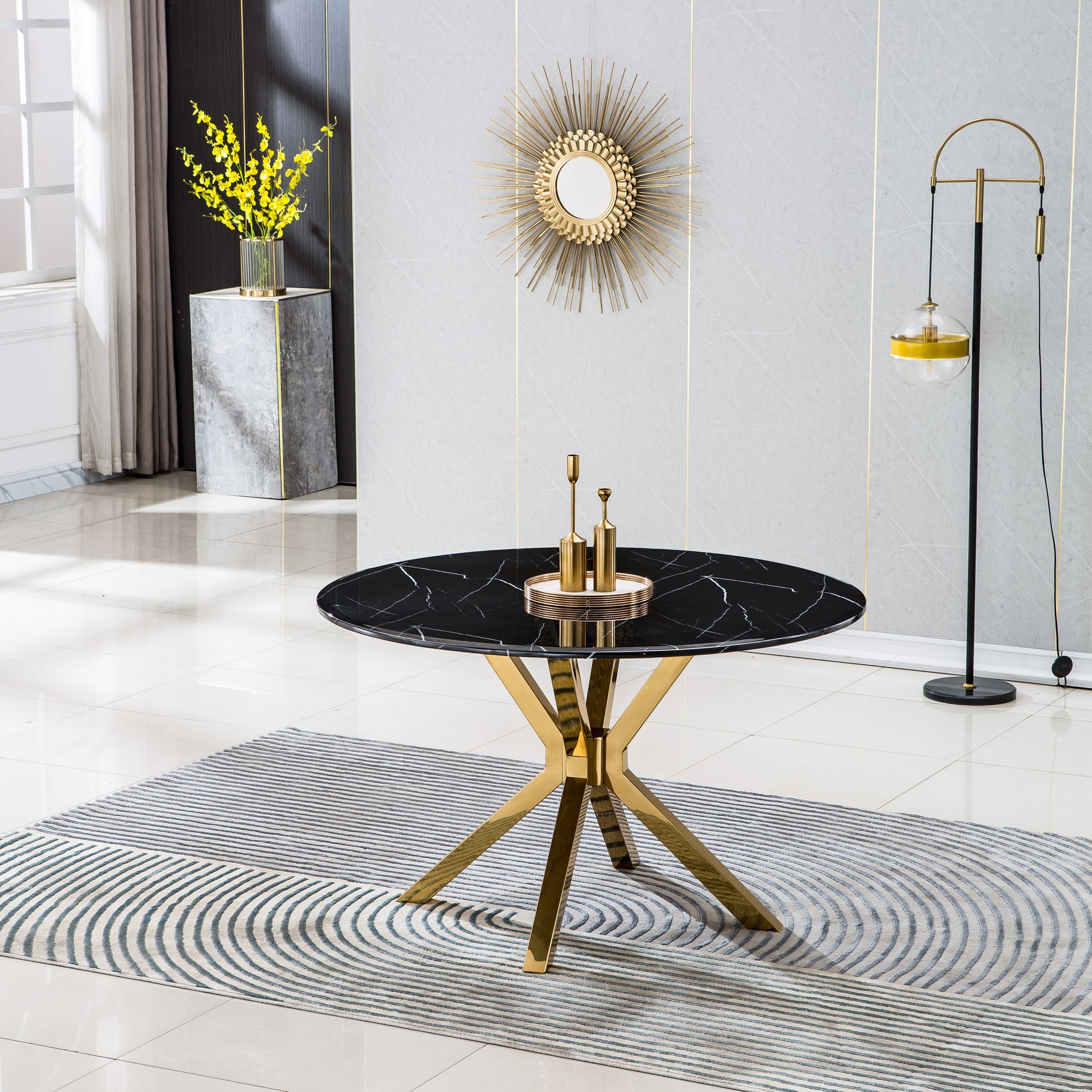 Modern Round Marble Table For Dining Room Kitchen, 1.02" Thick Marble Top, Gold Finish Stainless Steel Base, Size:47"Lx47"Dx30"H Not Including Chairs Black Marble