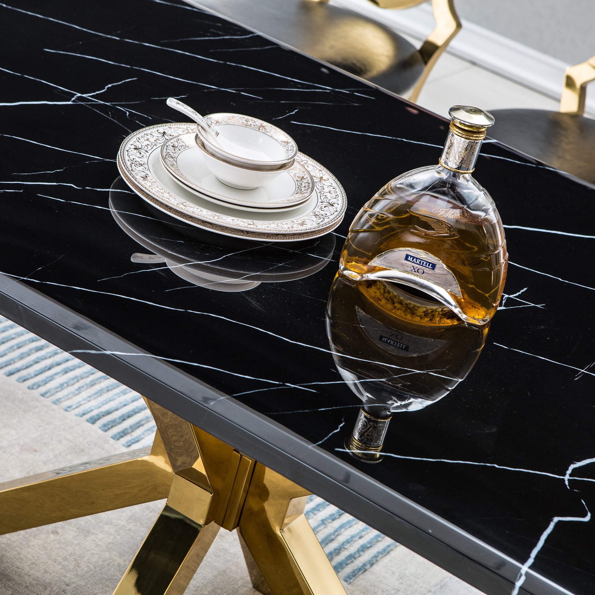 Modern Rectangular Marble Table For Dining Room Kitchen, 1.02" Thick Marble Top, Gold Finish Stainless Steel Base, Size:63"Lx35"Dx30"H Not Including Chairs Black Marble