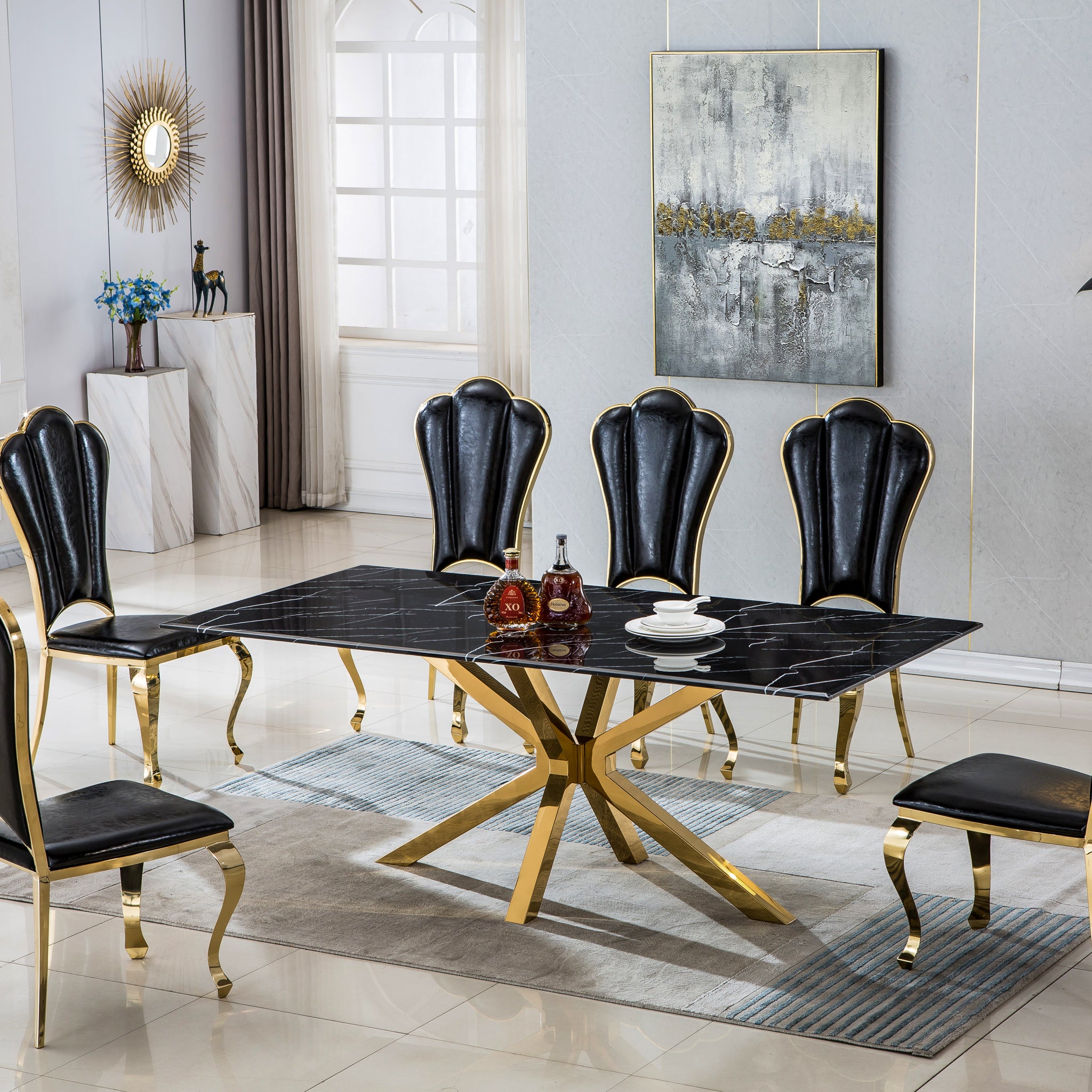 Modern Rectangular Marble Table For Dining Room Kitchen, 1.02" Thick Marble Top, Gold Finish Stainless Steel Base, Size:79"Lx39"Dx30"H Not Including Chairs Black Marble