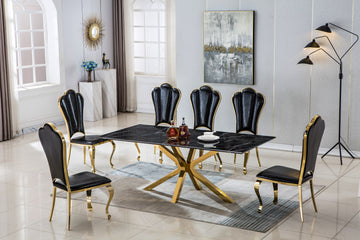 Modern Rectangular Marble Table For Dining Room Kitchen, 1.02" Thick Marble Top, Gold Finish Stainless Steel Base, Size:79"Lx39"Dx30"H Not Including Chairs Black Marble