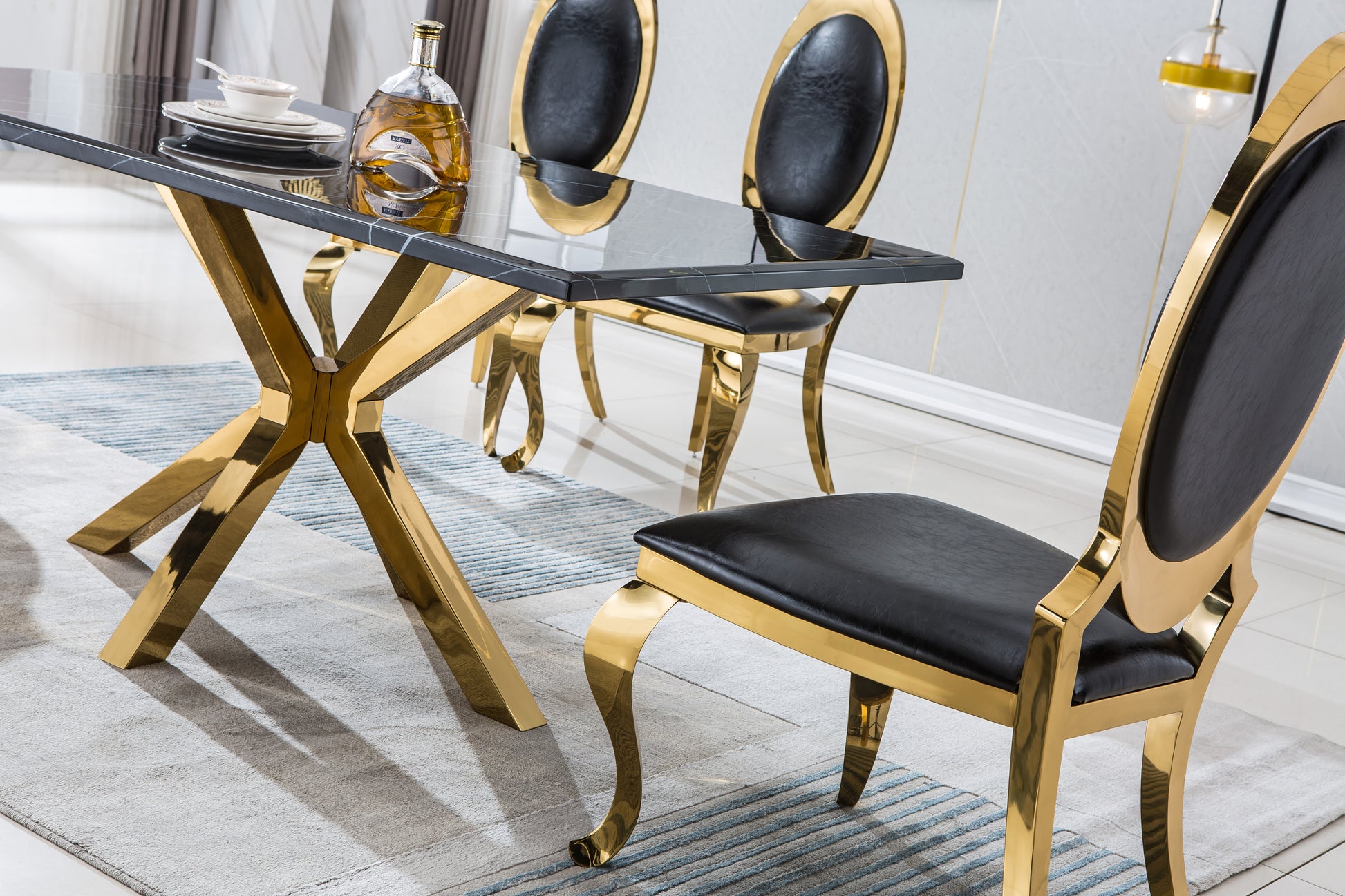 Modern Rectangular Marble Table For Dining Room Kitchen, 1.02" Thick Marble Top, Gold Finish Stainless Steel Base, Size:79"Lx39"Dx30"H Not Including Chairs Black Marble