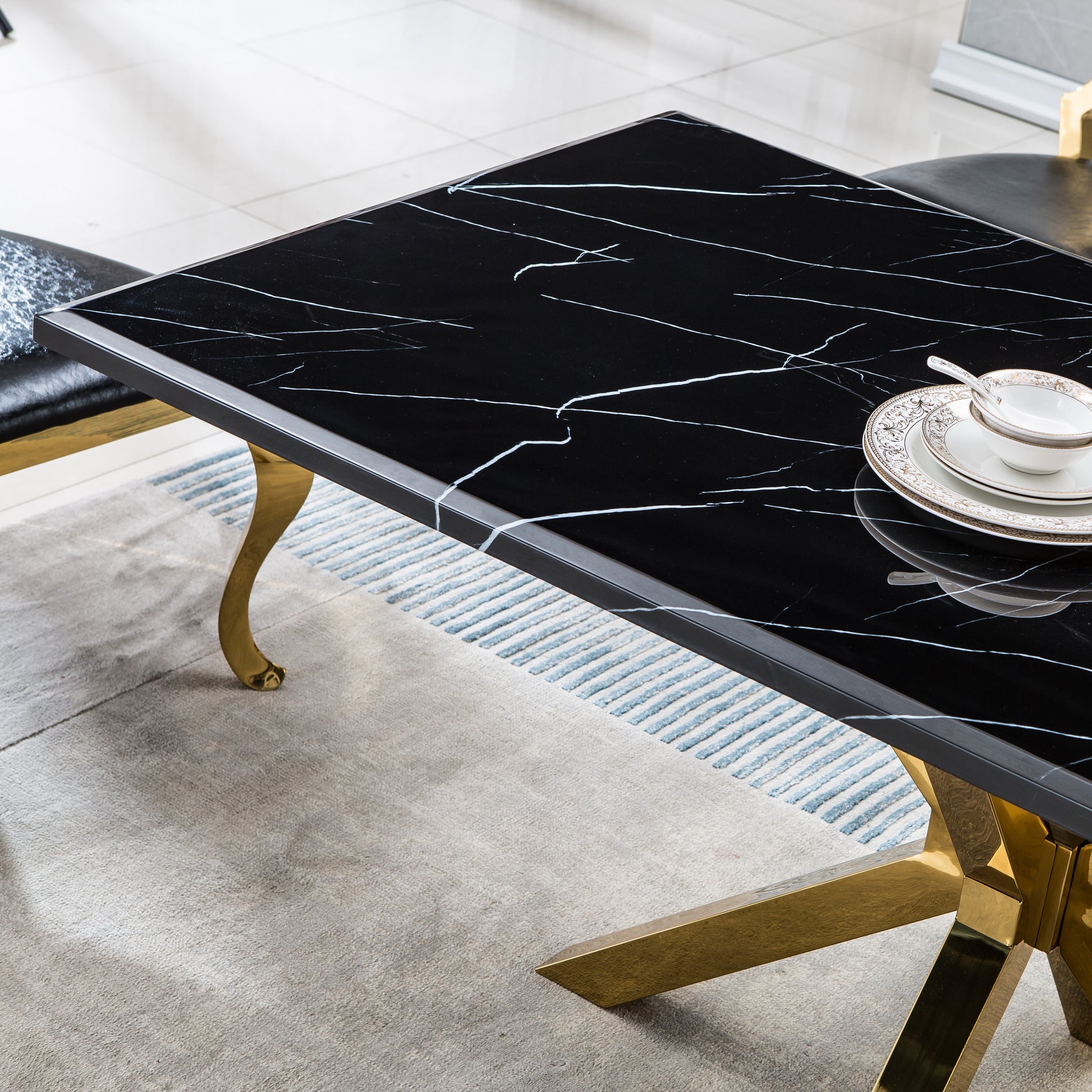 Modern Rectangular Marble Table For Dining Room Kitchen, 1.02" Thick Marble Top, Gold Finish Stainless Steel Base, Size:63"Lx35"Dx30"H Not Including Chairs Black Marble