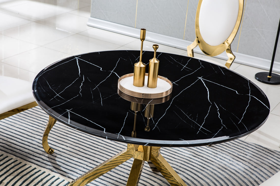 Modern Round Marble Table For Dining Room Kitchen, 1.02" Thick Marble Top, Gold Finish Stainless Steel Base, Size:47"Lx47"Dx30"H Not Including Chairs Black Marble