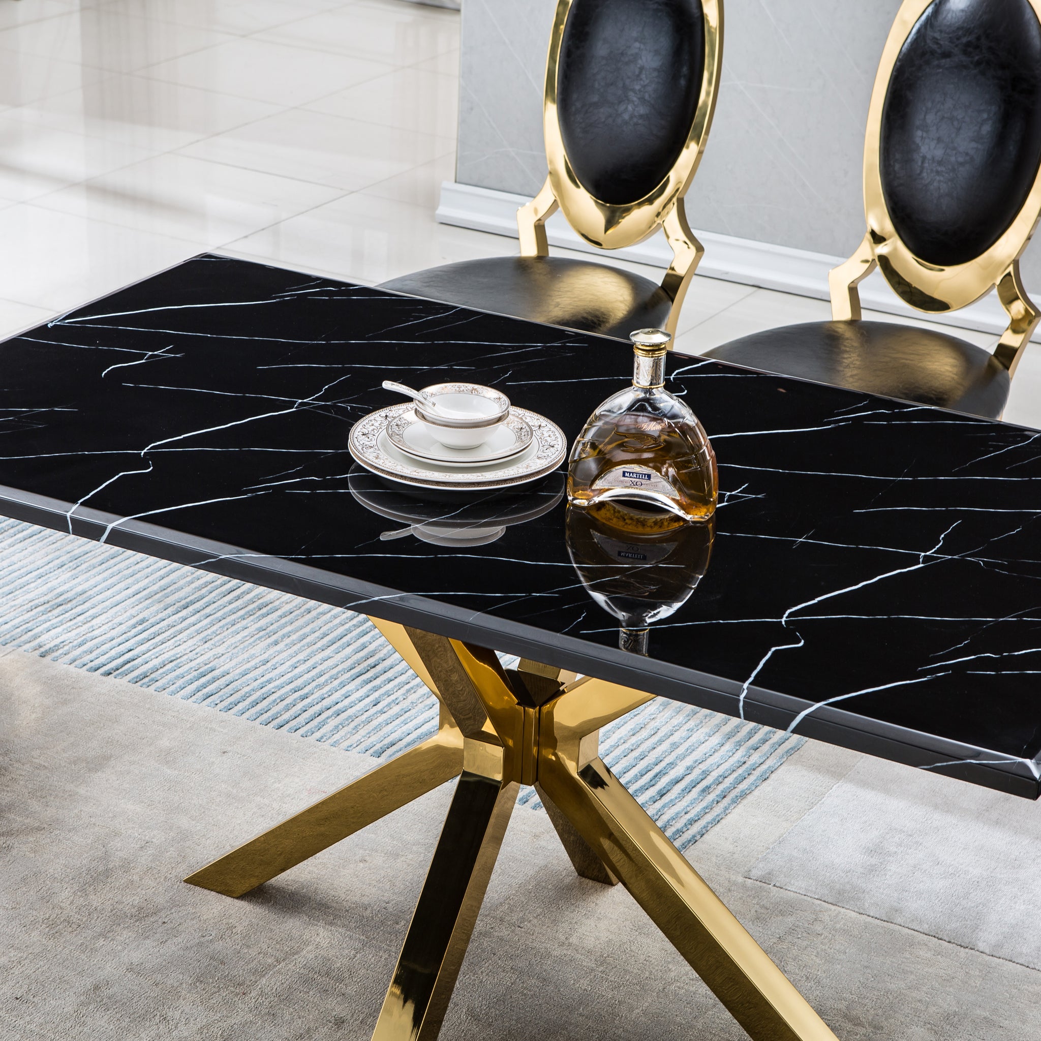 Modern Rectangular Marble Table For Dining Room Kitchen, 1.02" Thick Marble Top, Gold Finish Stainless Steel Base, Size:63"Lx35"Dx30"H Not Including Chairs Black Marble