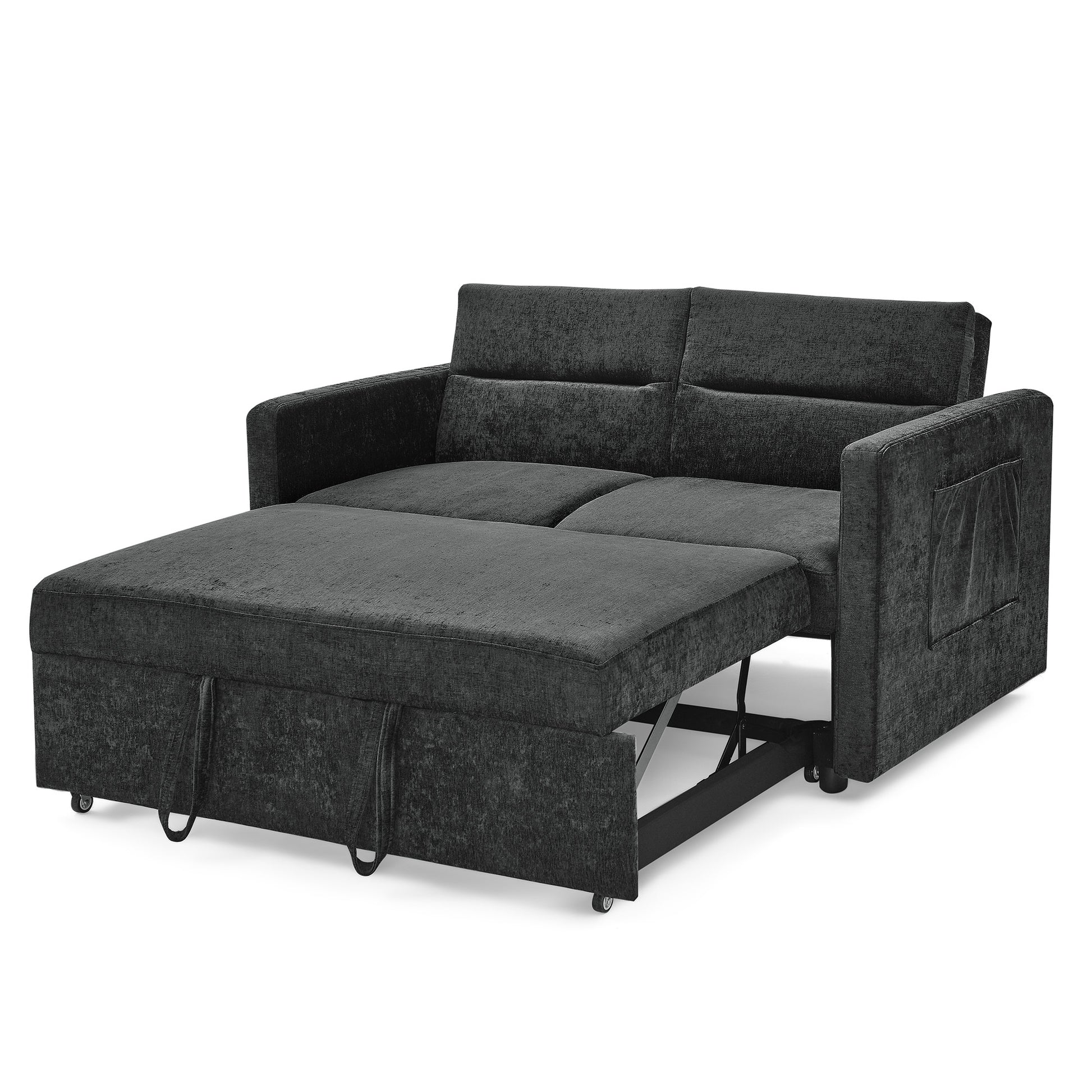 Loveseats Sofa Bed With Pull Out Bed,Adjsutable Back And Two Arm Pocket,Black 54.5"X33"X31.5" Black Chenille