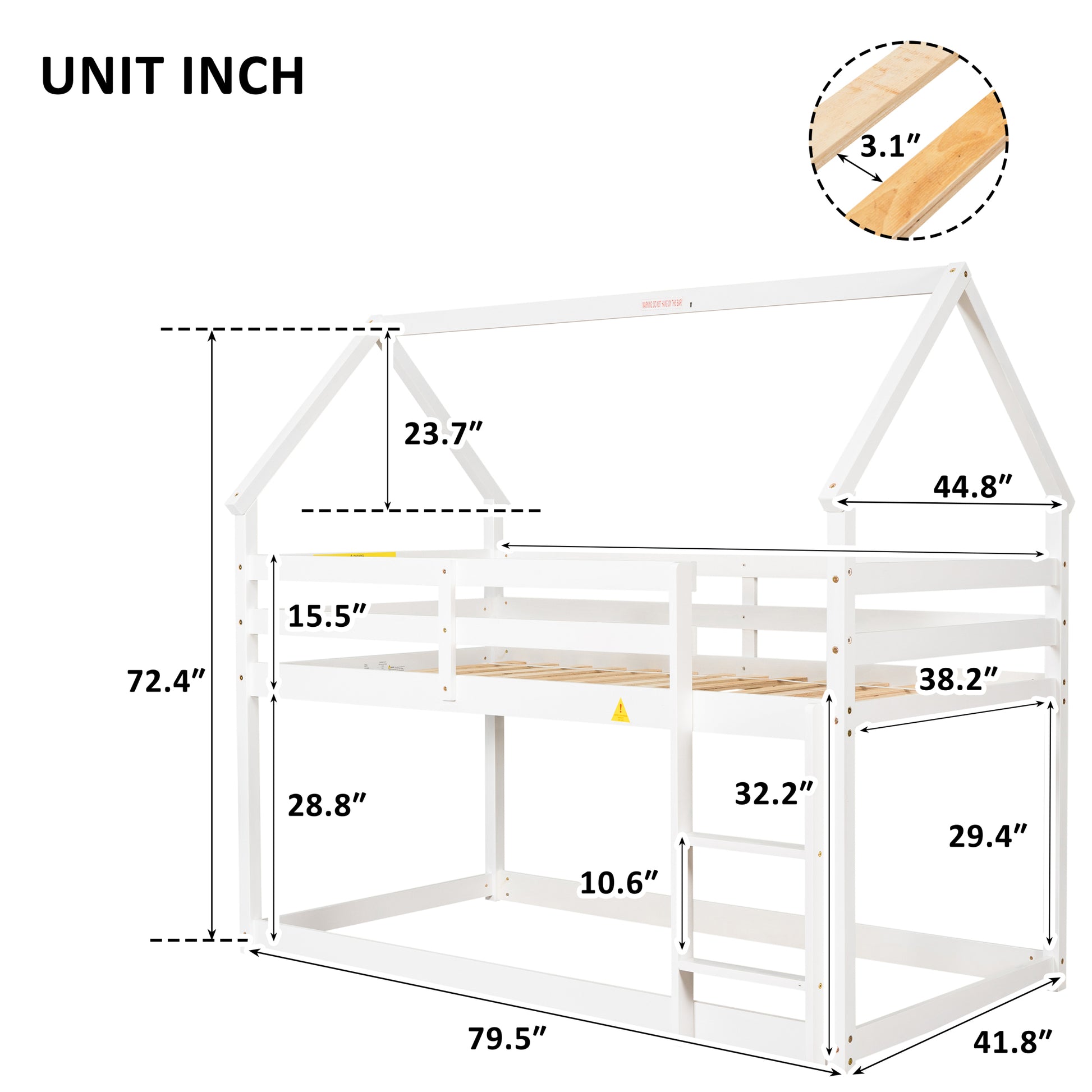 Twin Over Twin Loft Bed With Roof Design, Safety Guardrail, Ladder, White White Pine
