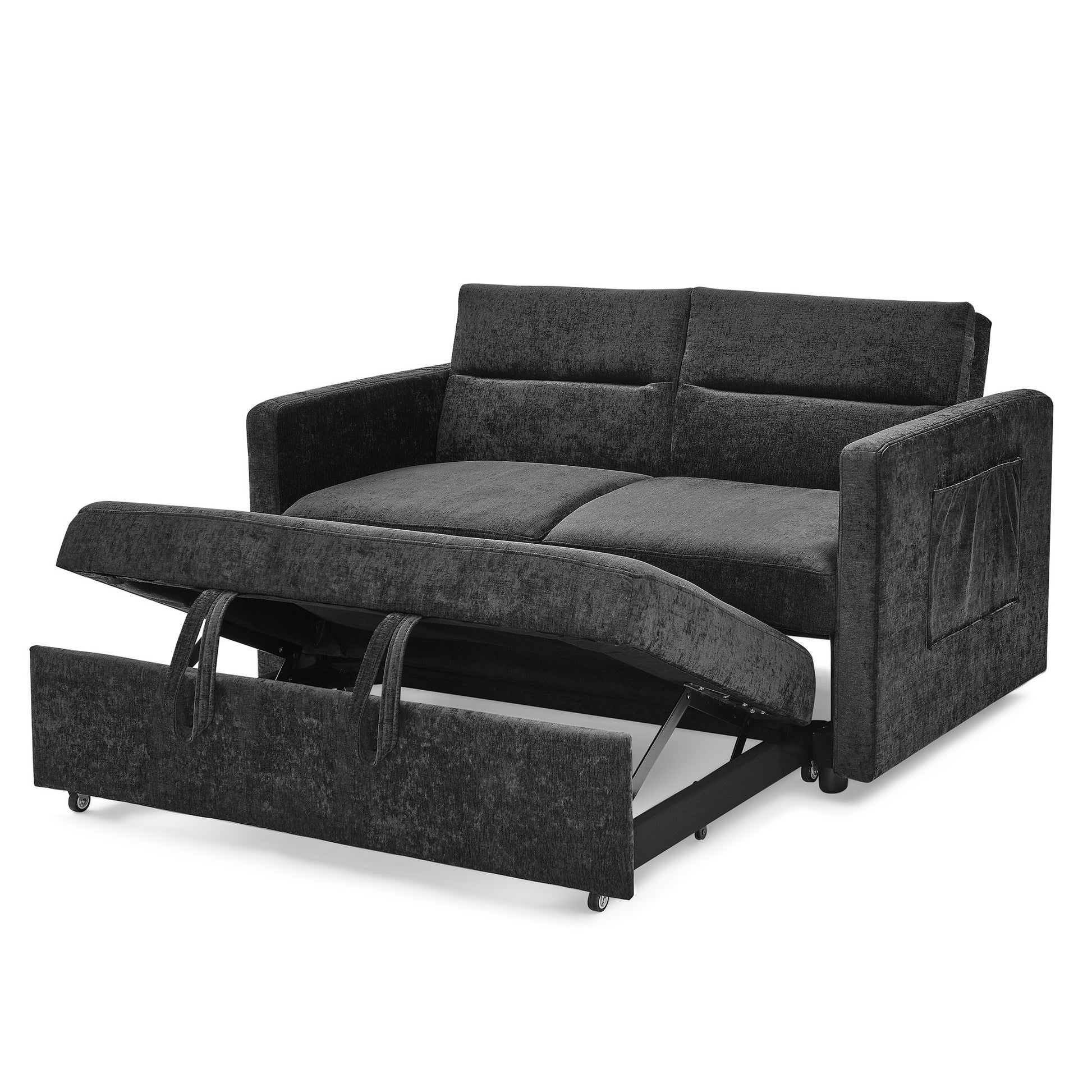 Loveseats Sofa Bed With Pull Out Bed,Adjsutable Back And Two Arm Pocket,Black 54.5"X33"X31.5" Black Chenille