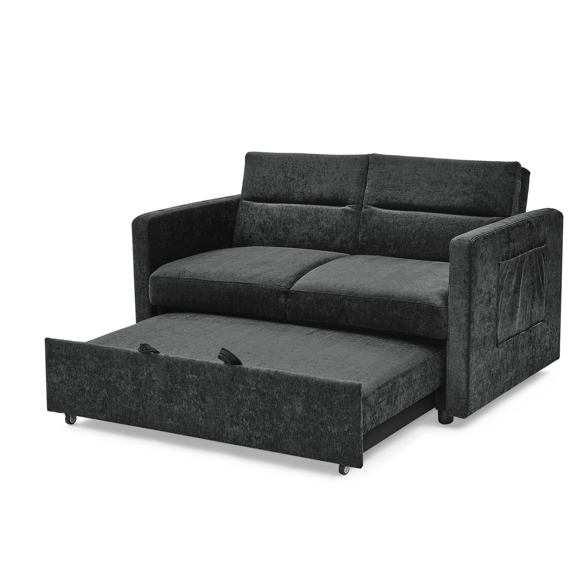 Loveseats Sofa Bed With Pull Out Bed,Adjsutable Back And Two Arm Pocket,Black 54.5"X33"X31.5" Black Chenille