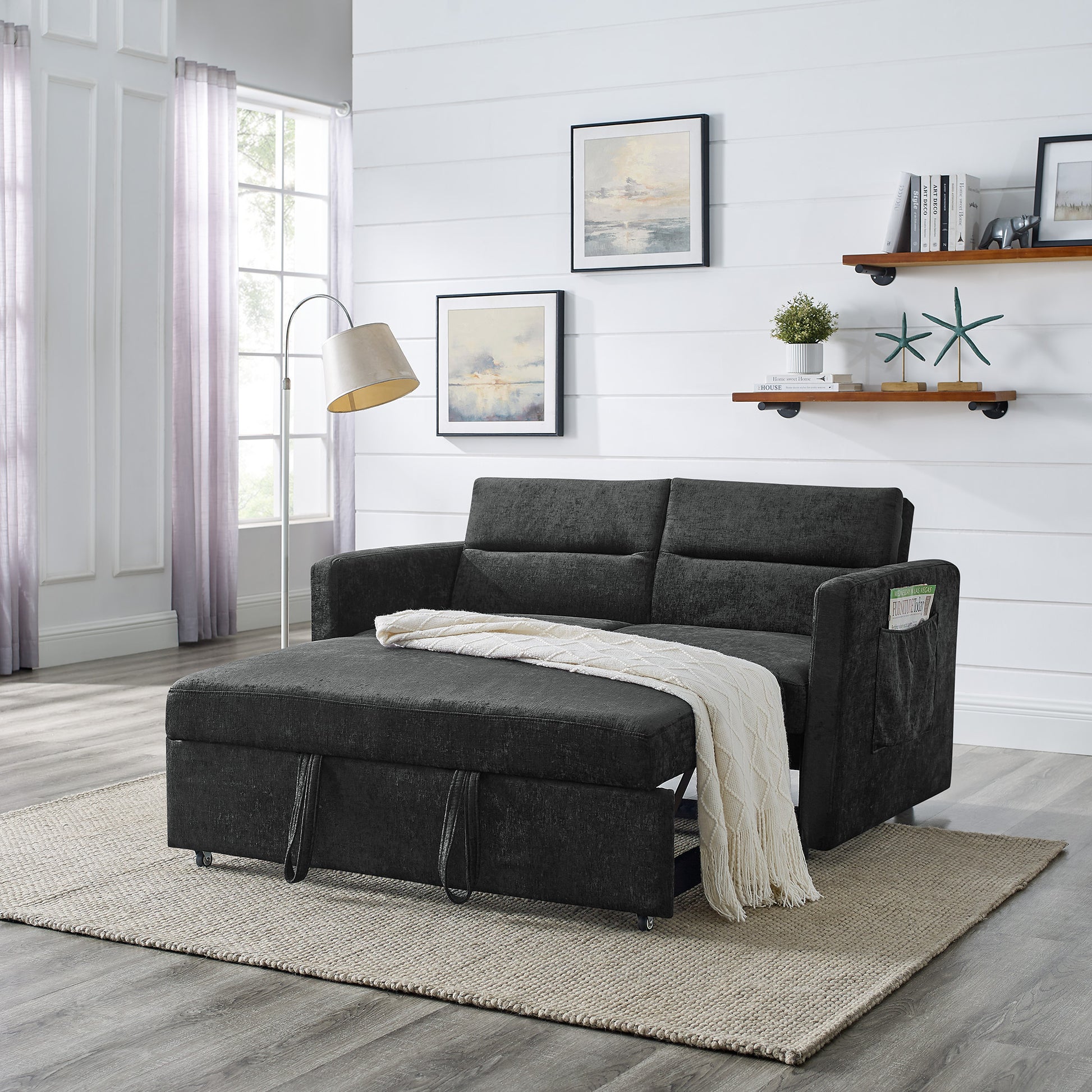 Loveseats Sofa Bed With Pull Out Bed,Adjsutable Back And Two Arm Pocket,Black 54.5"X33"X31.5" Black Chenille
