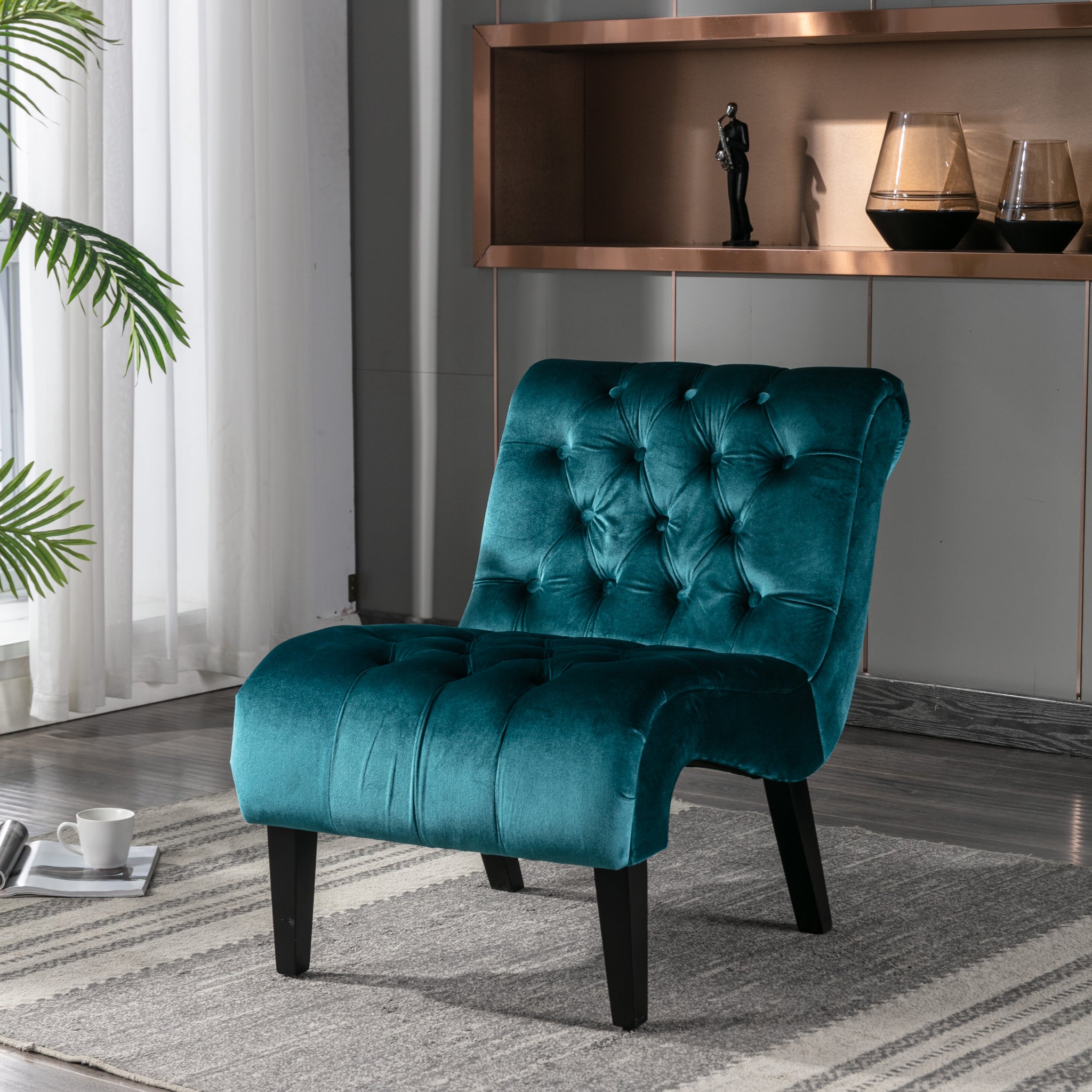 Coolmore Modern Velvet Armless Accent Living Room Chair Leisure Chair,Upholstered Fabric Button Comfortable Chair With Wooden Legs For Bedroom, Living Room, Office Teal Velvet Teal Primary Living Space Foam Velvet