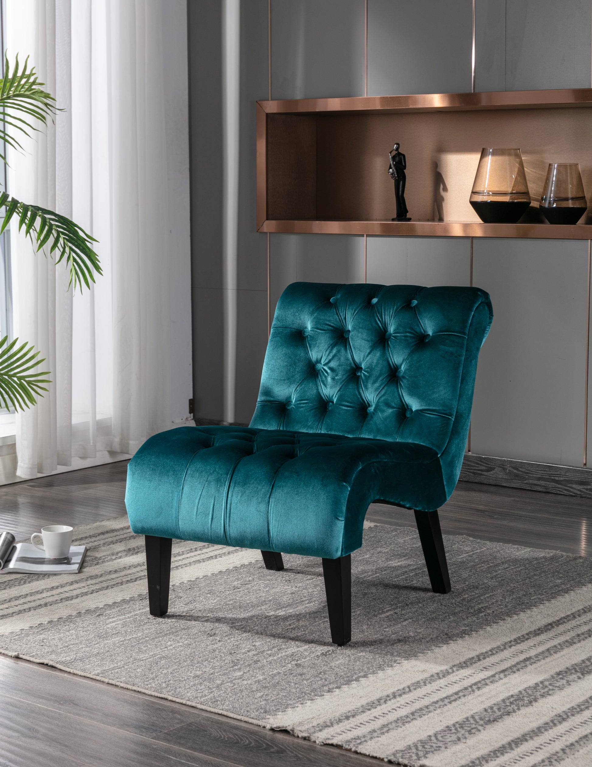 Coolmore Modern Velvet Armless Accent Living Room Chair Leisure Chair,Upholstered Fabric Button Comfortable Chair With Wooden Legs For Bedroom, Living Room, Office Teal Velvet Teal Primary Living Space Foam Velvet