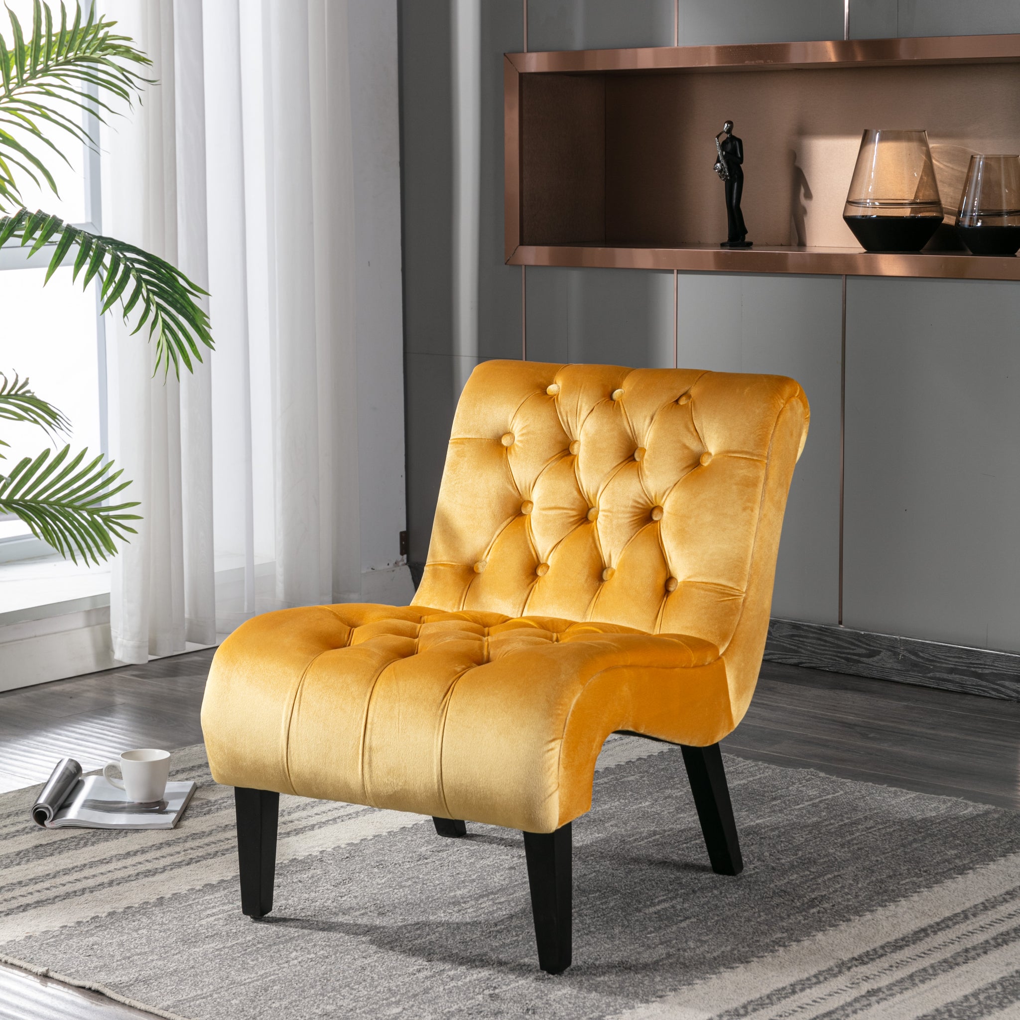 Coolmore Modern Velvet Armless Accent Living Room Chair Leisure Chair,Upholstered Fabric Button Comfortable Chair With Wooden Legs For Bedroom, Living Room, Office Mustard Velvet Mustard Primary Living Space Foam Velvet