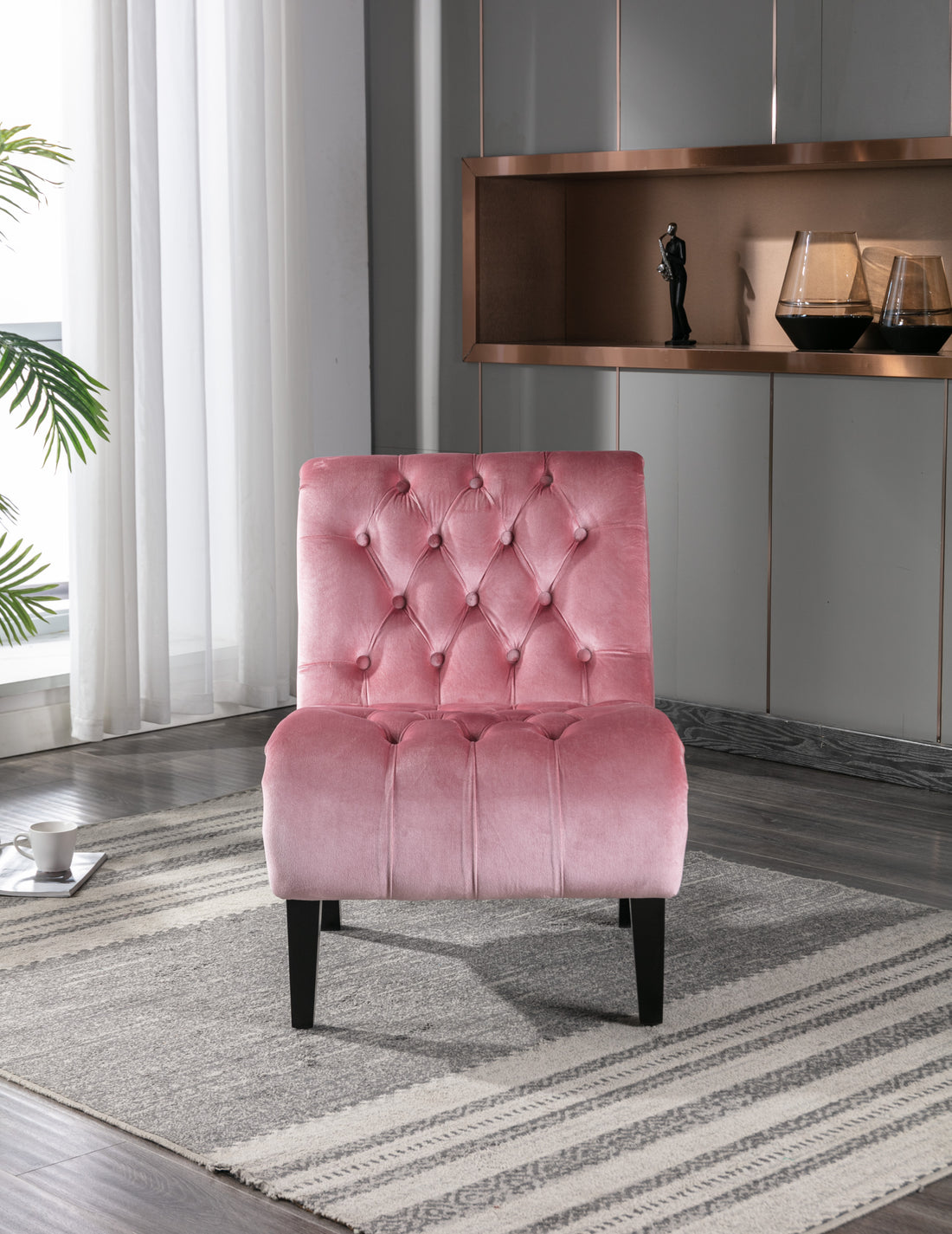 Coolmore Modern Velvet Armless Accent Living Room Chair Leisure Chair,Upholstered Fabric Button Comfortable Chair With Wooden Legs For Bedroom, Living Room, Office Pink Velvet Pink Primary Living Space Foam Velvet