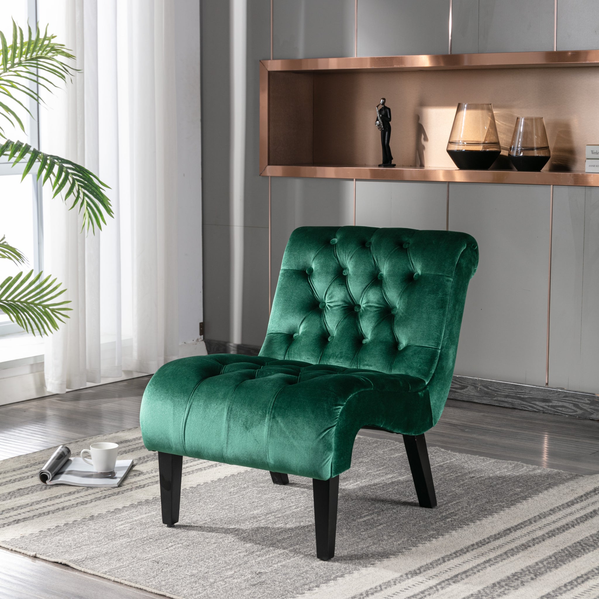 Coolmore Modern Velvet Armless Accent Living Room Chair Leisure Chair,Upholstered Fabric Button Comfortable Chair With Wooden Legs For Bedroom, Living Room, Office Green Velvet Green Primary Living Space Foam Velvet