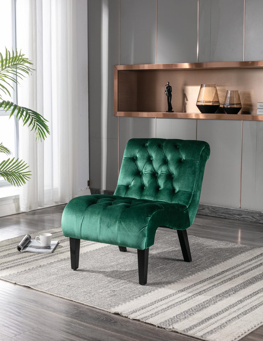 Coolmore Modern Velvet Armless Accent Living Room Chair Leisure Chair,Upholstered Fabric Button Comfortable Chair With Wooden Legs For Bedroom, Living Room, Office Green Velvet Green Primary Living Space Foam Velvet