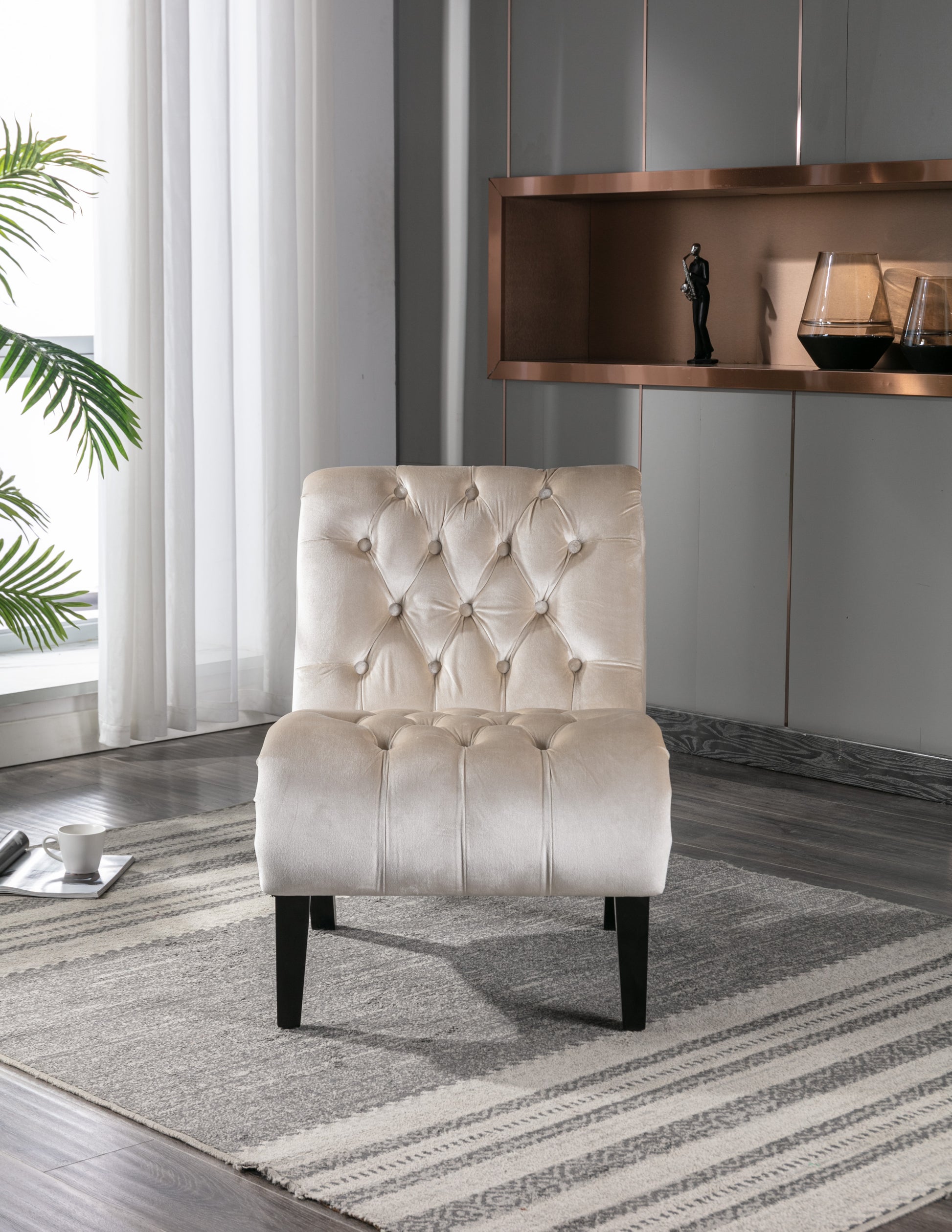 Coolmore Modern Velvet Armless Accent Living Room Chair Leisure Chair,Upholstered Fabric Button Comfortable Chair With Wooden Legs For Bedroom, Living Room, Office Beige Velvet Beige Foam Velvet