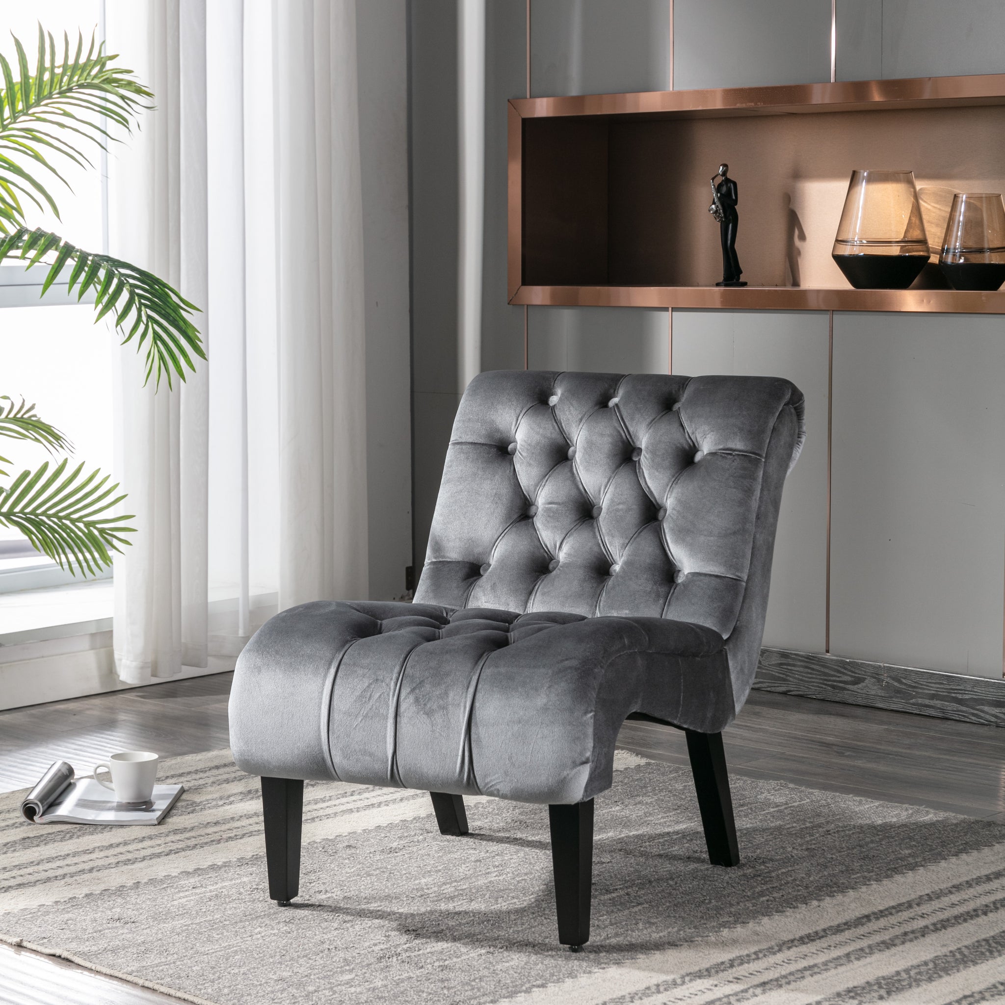 Coolmore Modern Velvet Armless Accent Living Room Chair Leisure Chair,Upholstered Fabric Button Comfortable Chair With Wooden Legs For Bedroom, Living Room, Office Silver Velvet Silver Foam Velvet